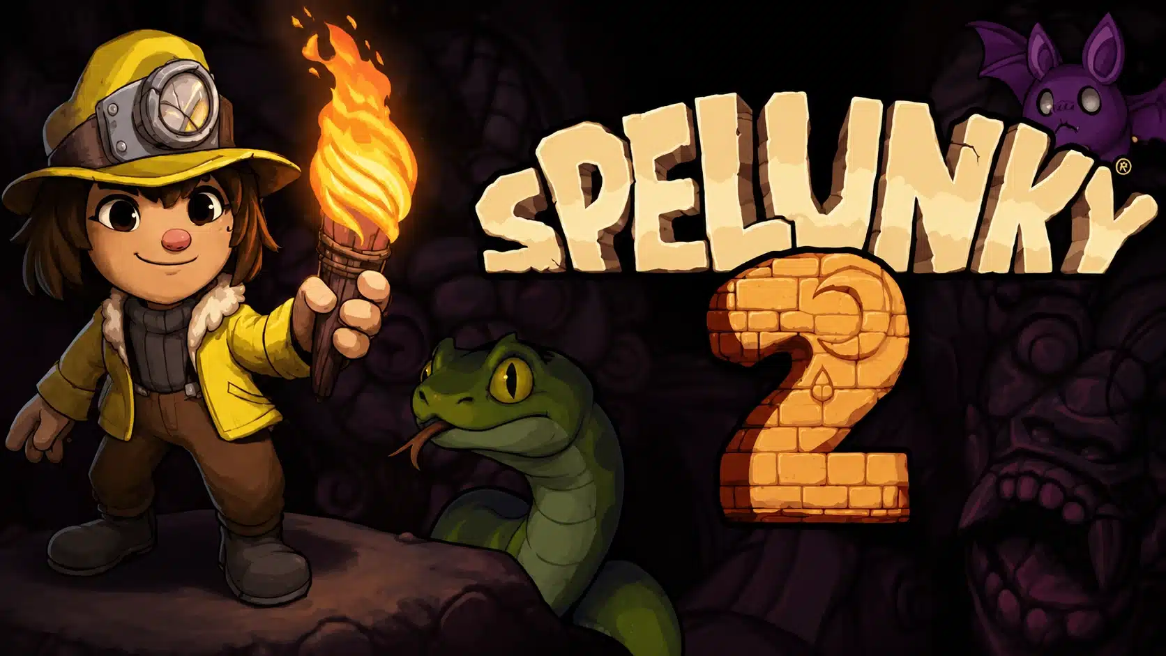 Spelunky 2 game logo with adventure-themed text and dark cave background artwork