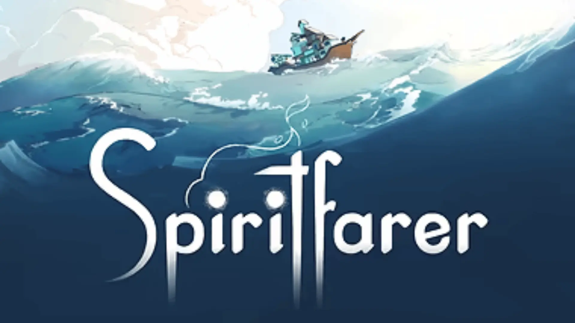 Spiritfarer game artwork showing a small boat sailing across calm ocean waves under a bright sky.