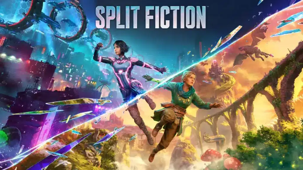 Two characters split between futuristic neon city and fantasy world, action pose, shattered energy dividing them.