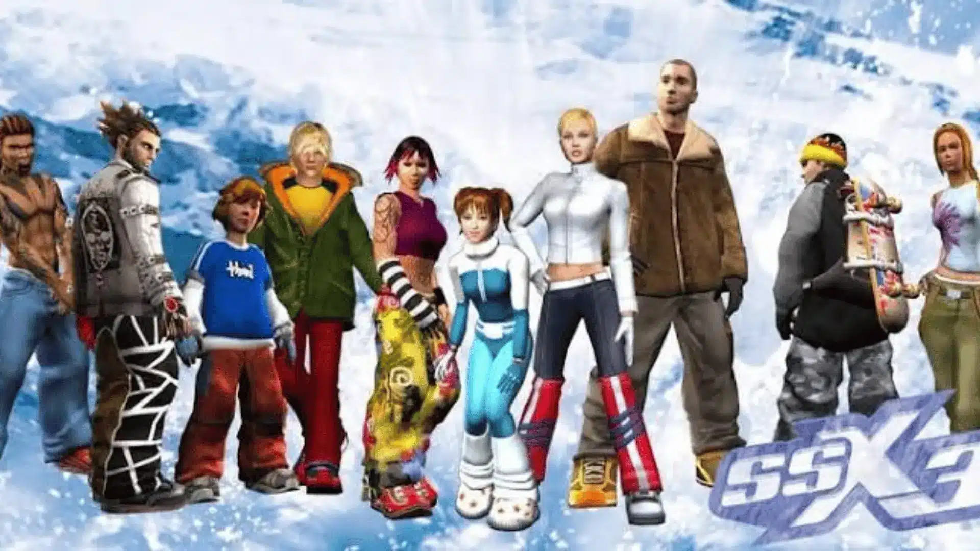 SSX 3 artwork featuring a lineup of snowboarders standing on a snowy mountain backdrop