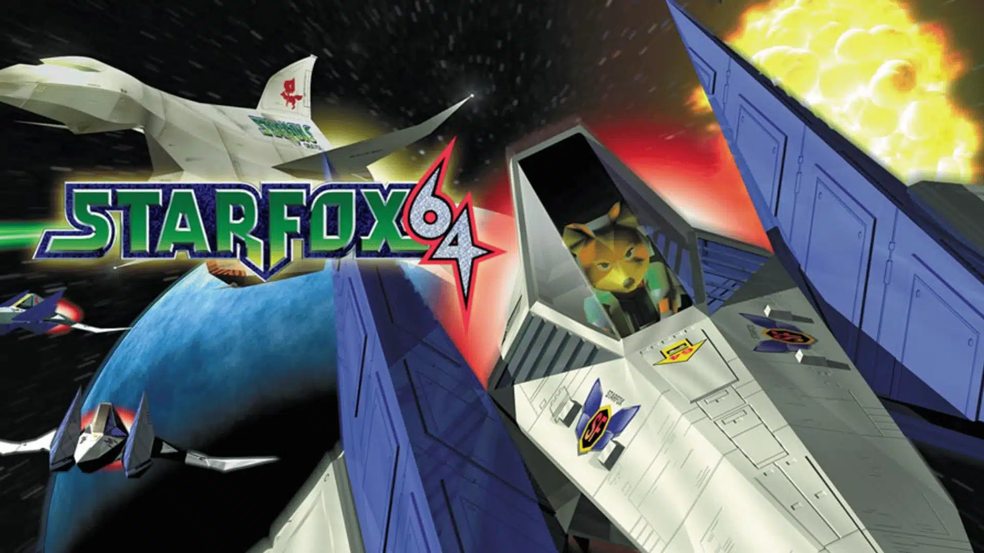Star Fox 64 artwork featuring Arwing spacecraft, space battles, explosions, and the game logo.