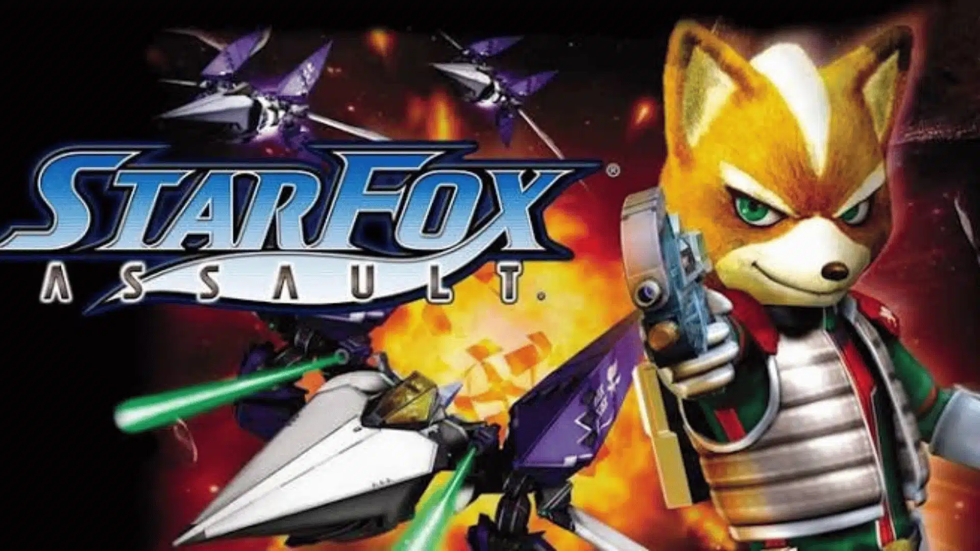 Star Fox Assault artwork featuring Fox McCloud with a blaster and Arwing starfighters in a space battle