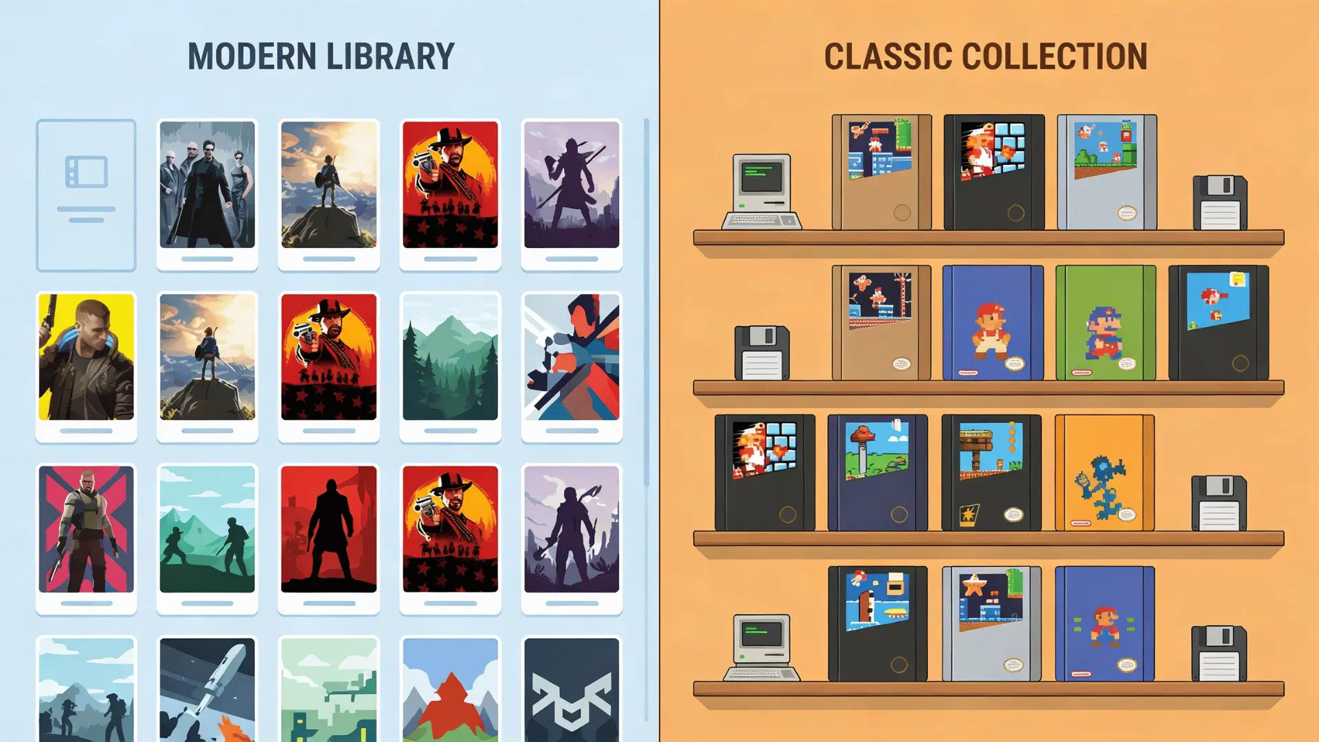 large modern game collection beside a curated library of classic PC games