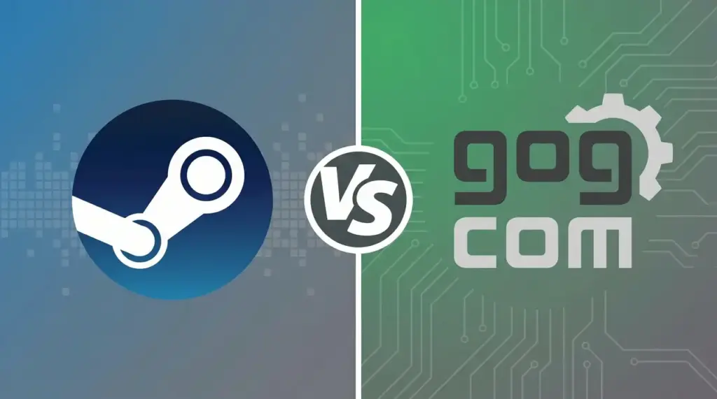 steam and gog logos facing each other with a centered versus symbol in a split-screen comparison layout