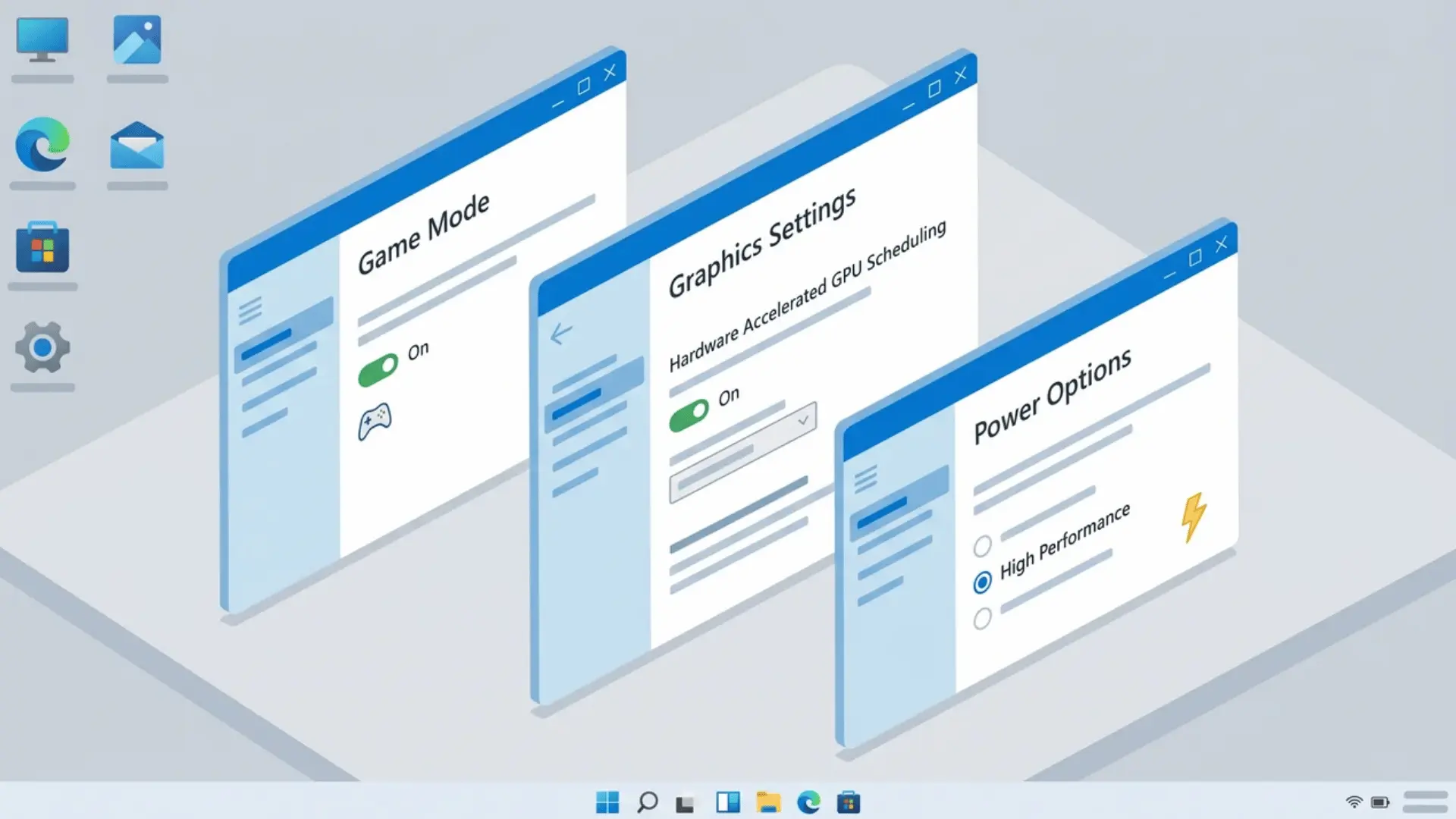Windows gaming performance settings and power plan configuration panels