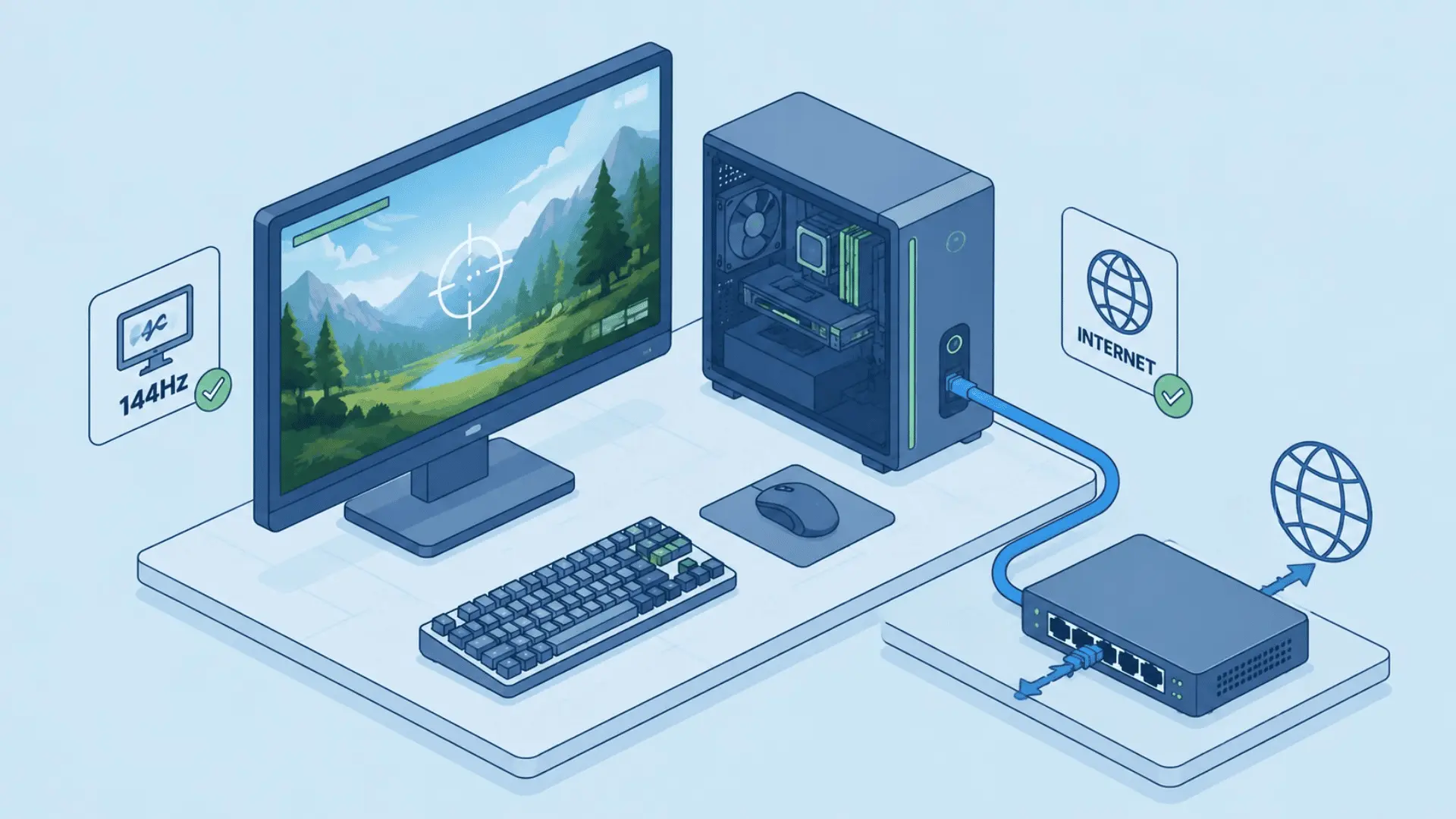 High refresh rate monitor connected to wired network hardware
