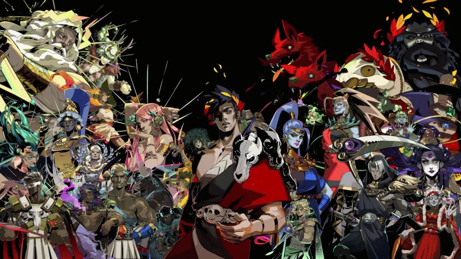 Zagreus stands among major Hades characters, including Olympian gods and Underworld figures, in official game artwork.