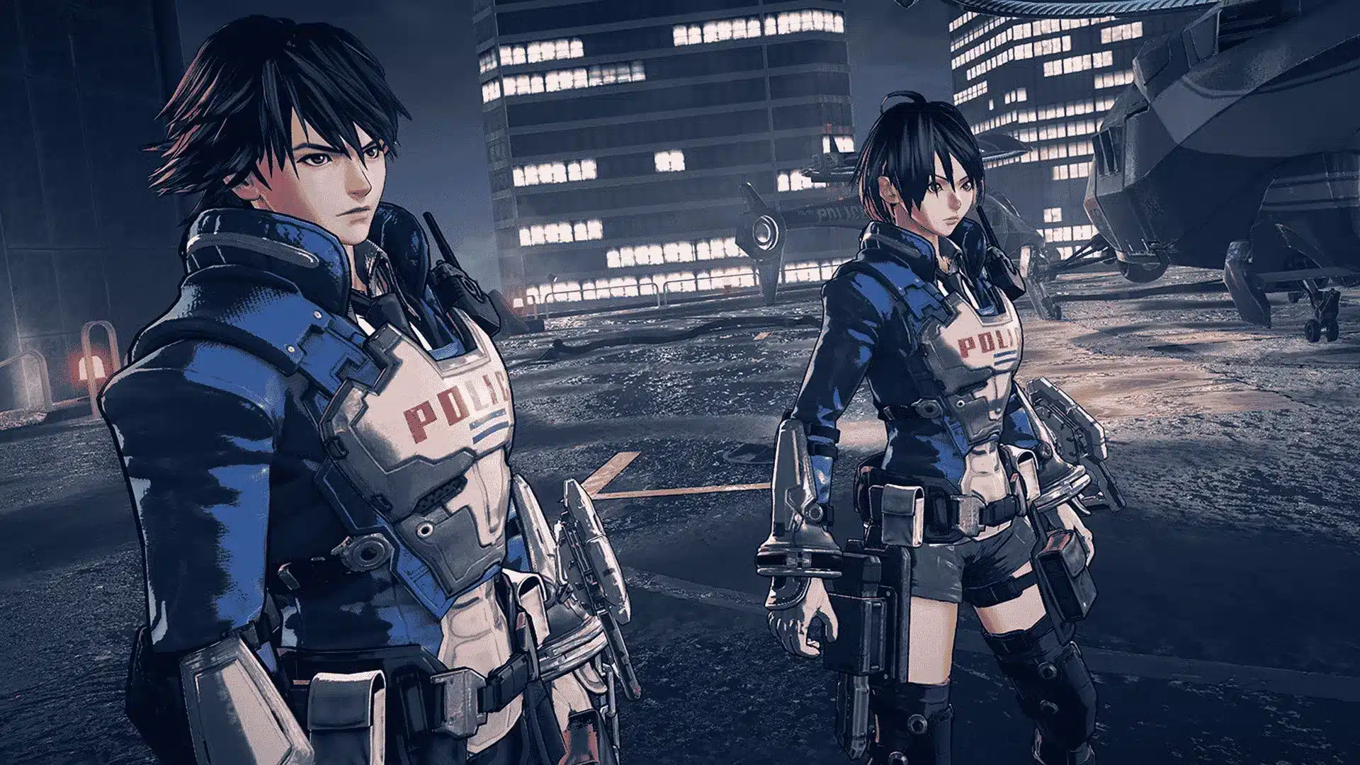 Male and female police officers from Astral Chain standing together in futuristic blue armor with city buildings behind them.
