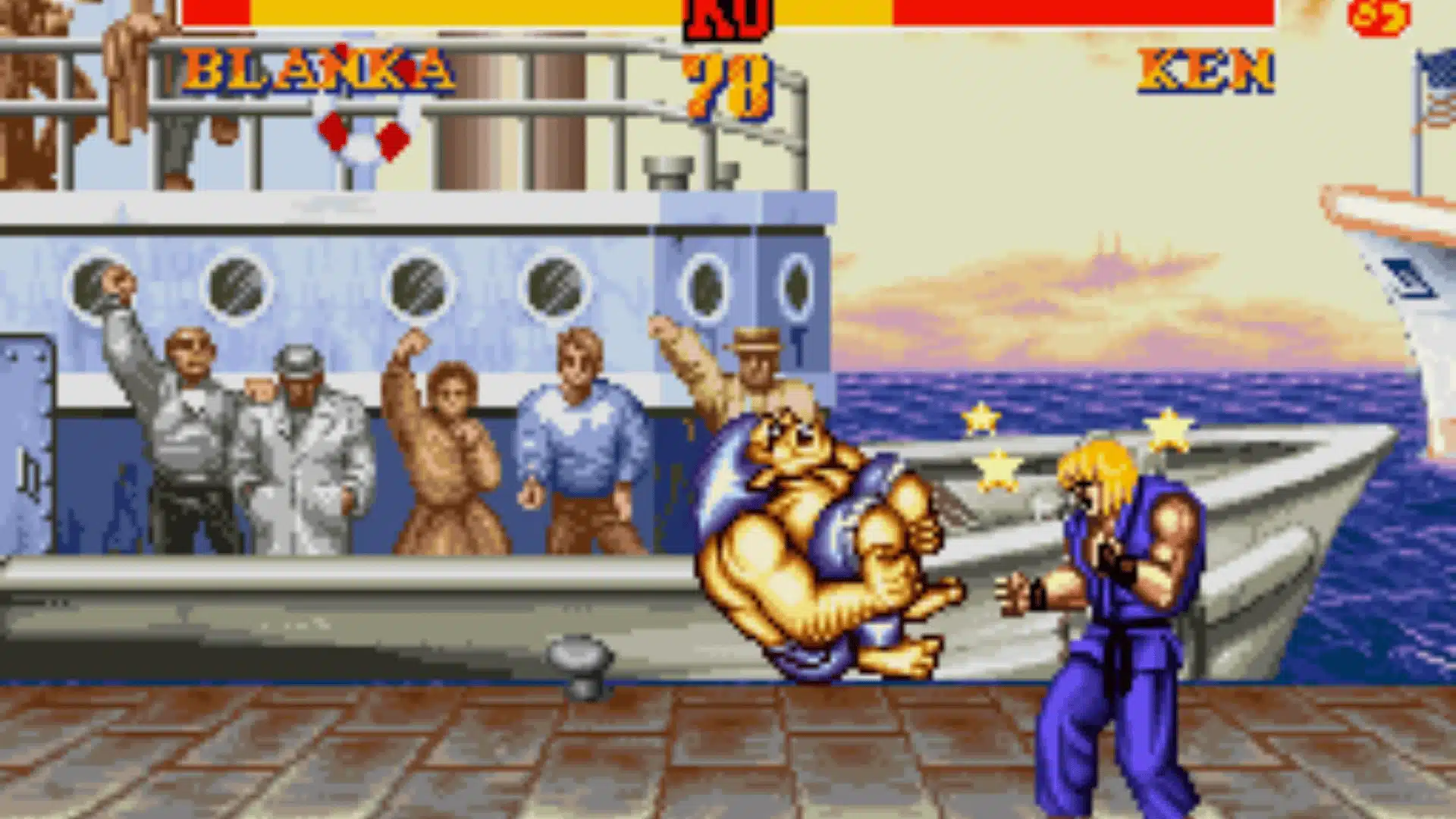 Street Fighter II Turbo SNES Blanka vs Ken fight on boat stage