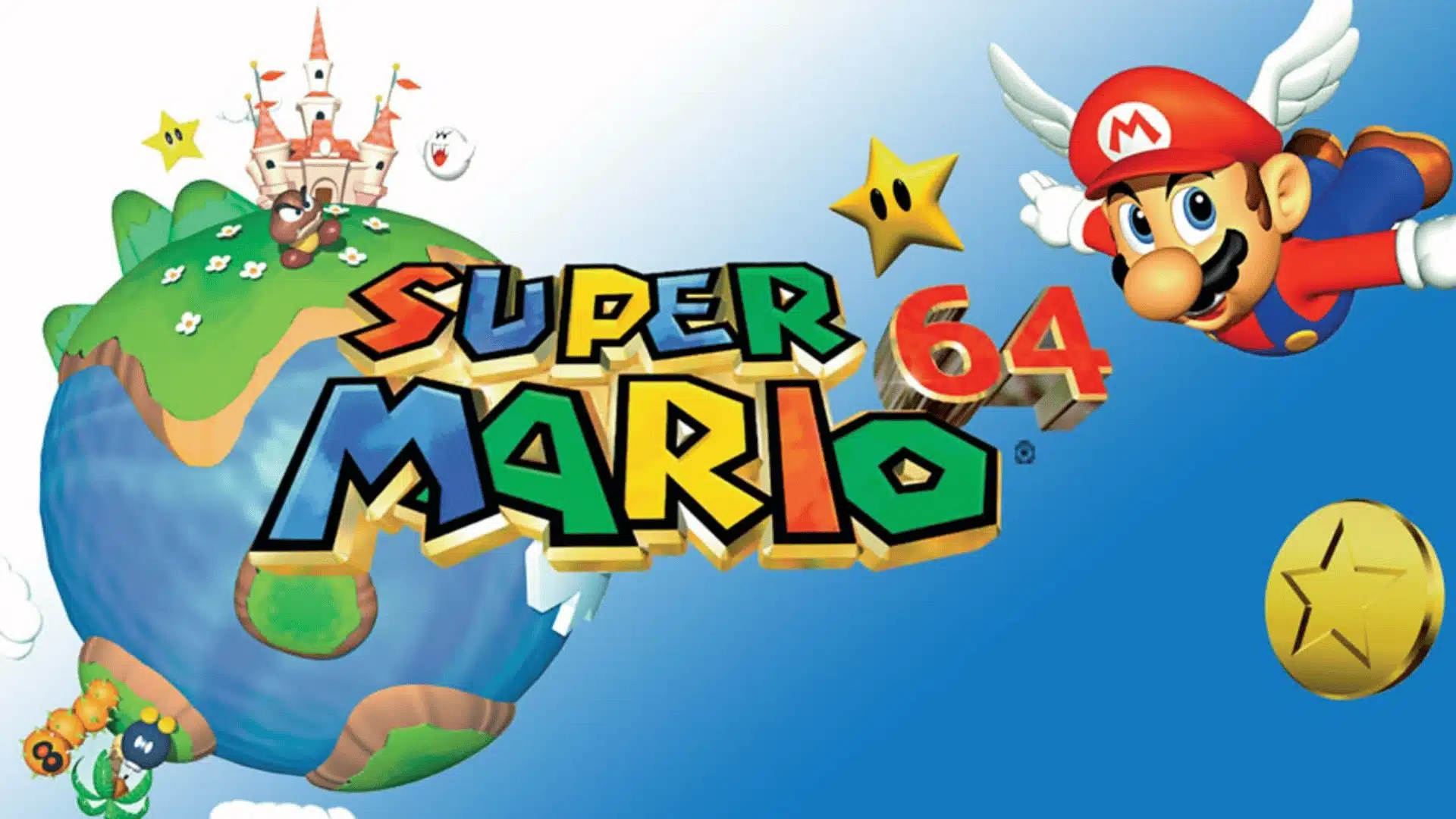 Super Mario 64 game artwork featuring Mario, the logo, stars, and colorful fantasy world elements.