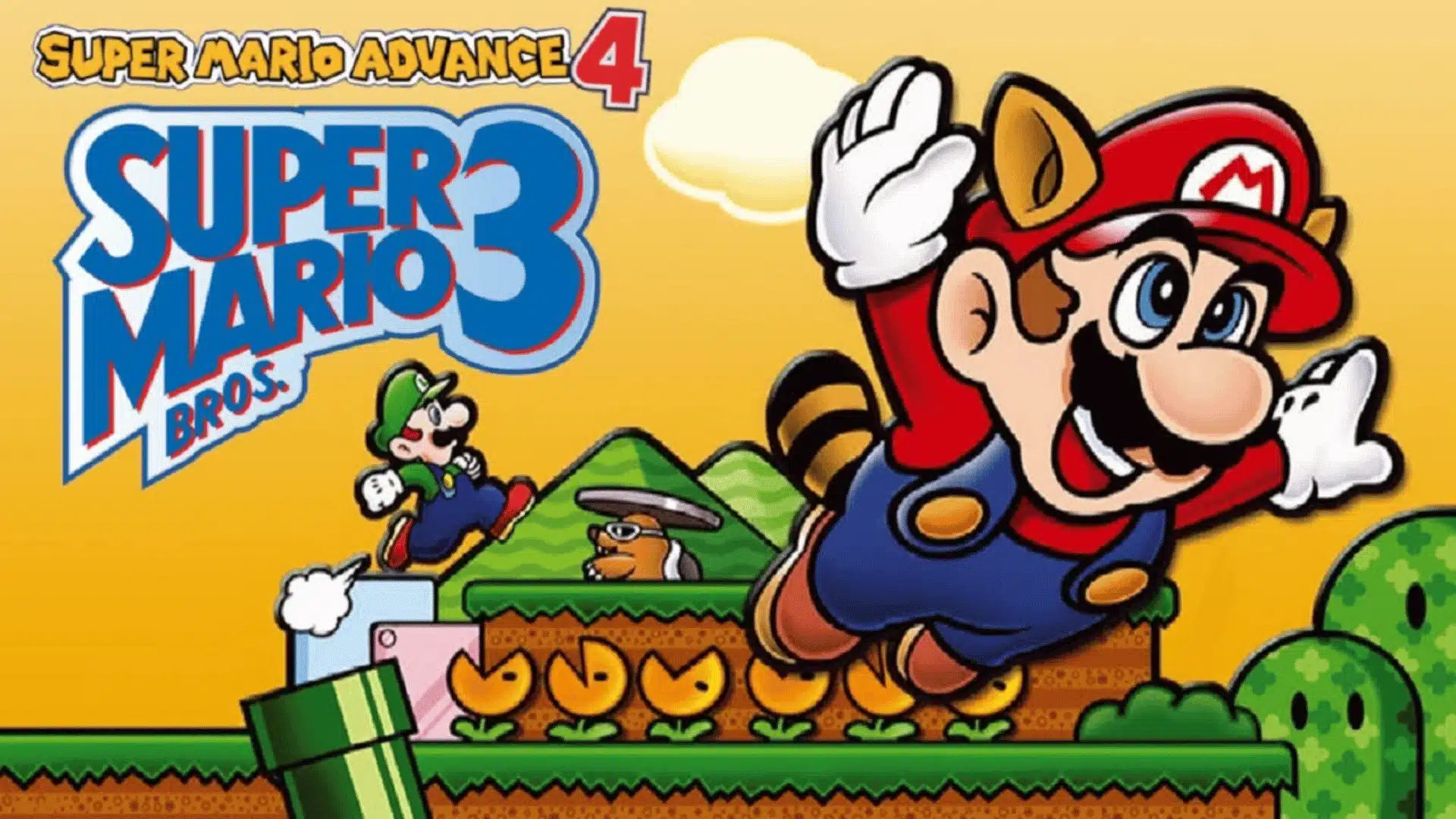 Raccoon Mario leaps across a platform level with Luigi in tow on the Super Mario Advance 4: Super Mario Bros. 3 cover art.