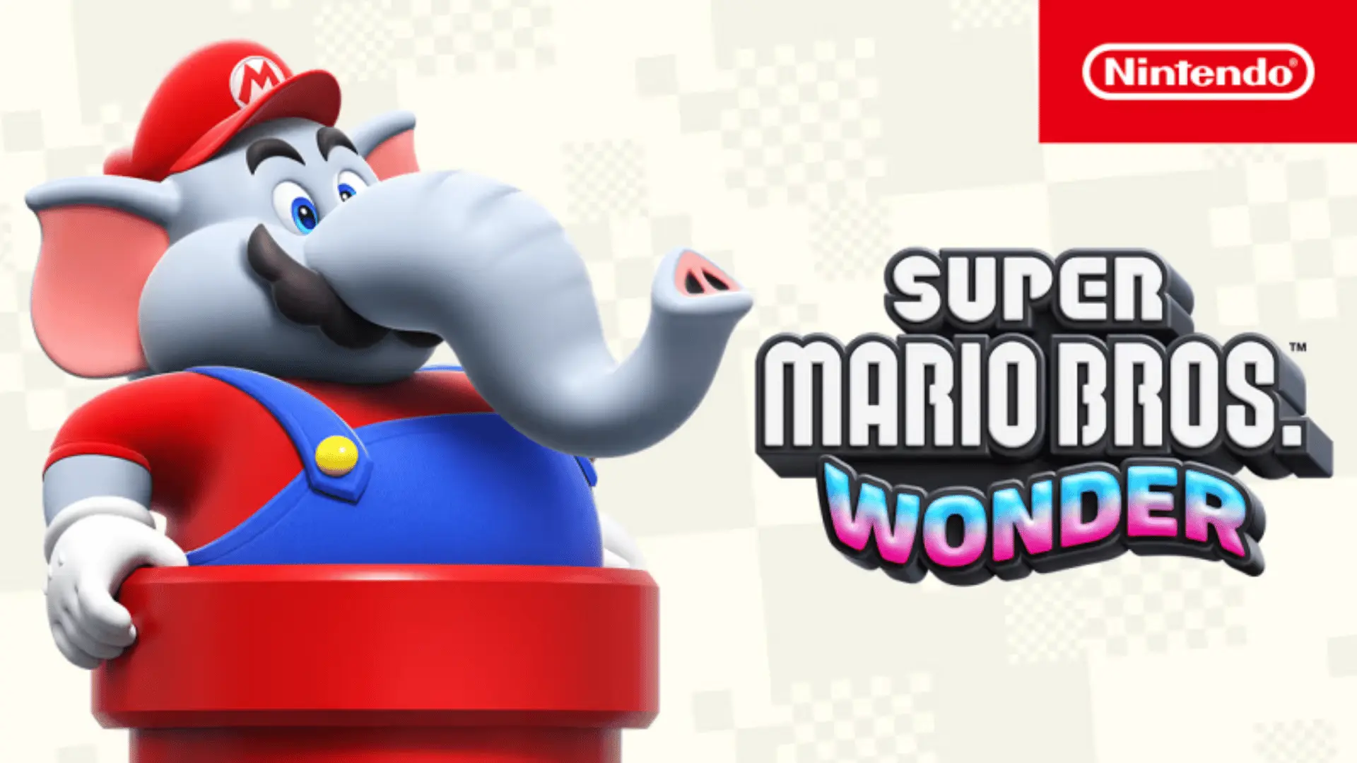 Super Mario Bros. Wonder artwork featuring Elephant Mario emerging from a pipe beside the game's colorful logo.