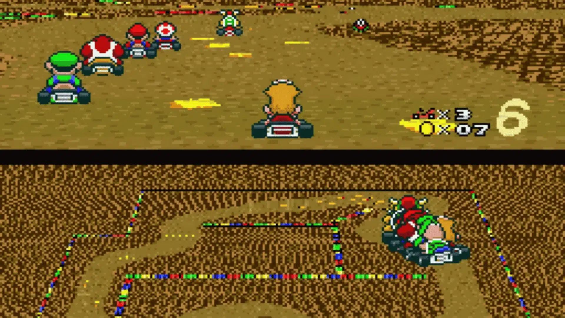 Super Mario Kart SNES split-screen multiplayer race on dirt track