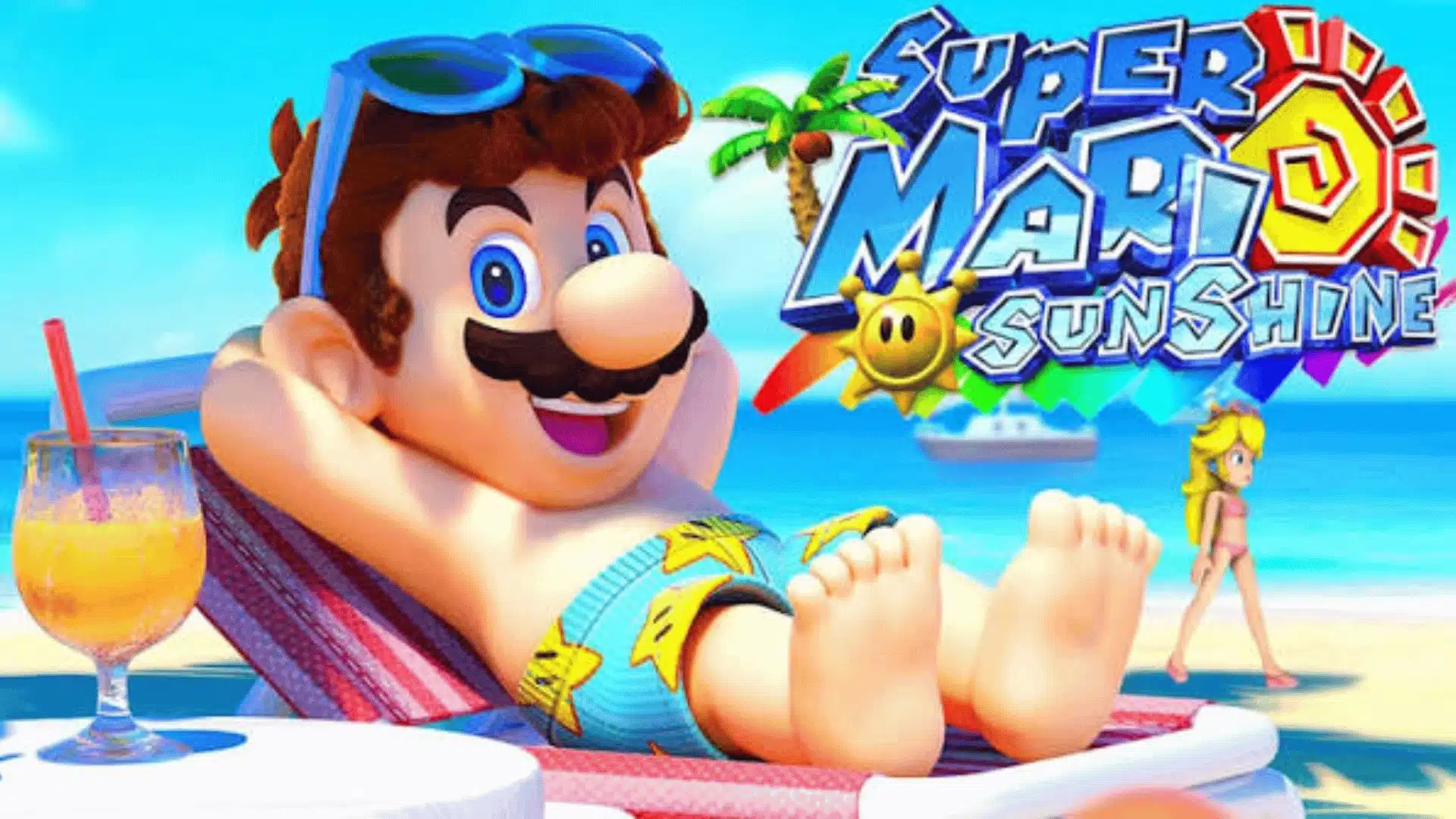 Super Mario Sunshine artwork featuring Mario relaxing on a beach with Princess Peach and a tropical island backdrop