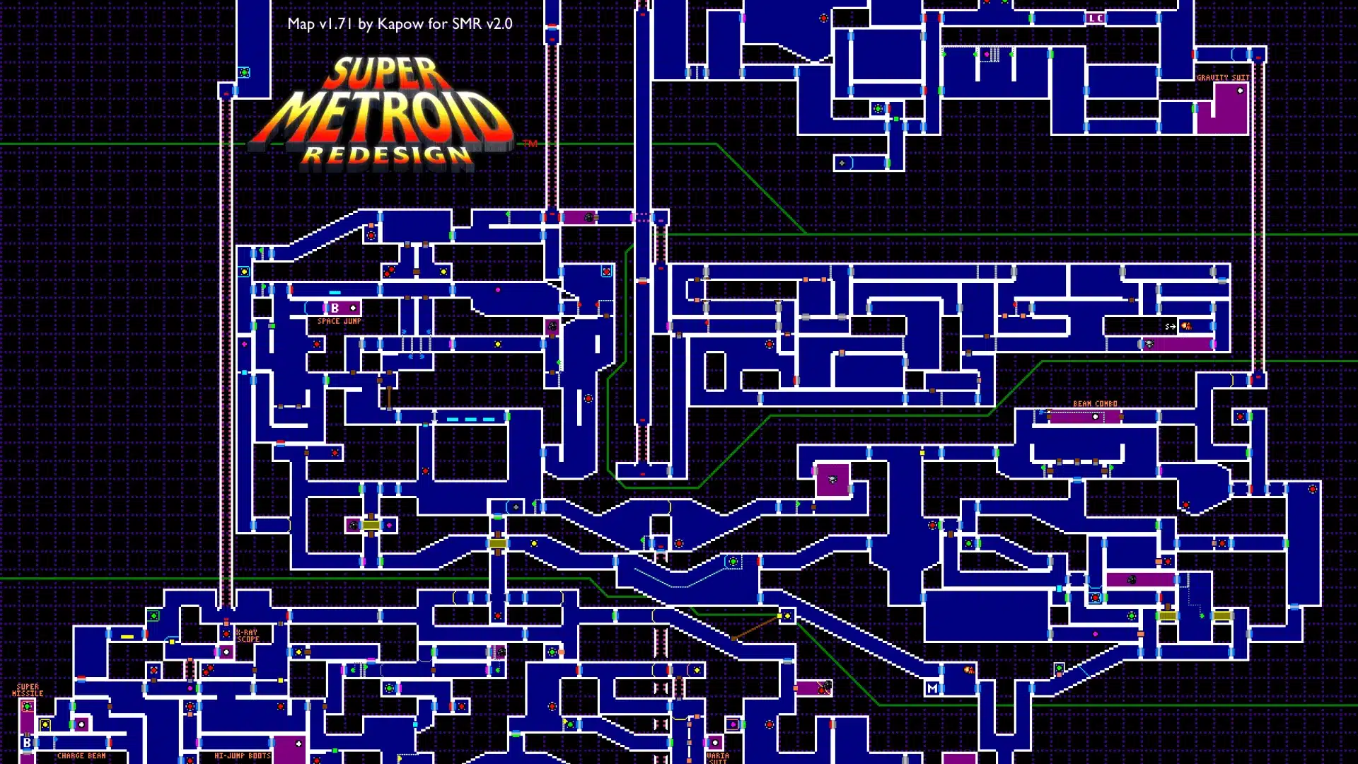 Super Metroid Redesign full exploration map showing interconnected rooms