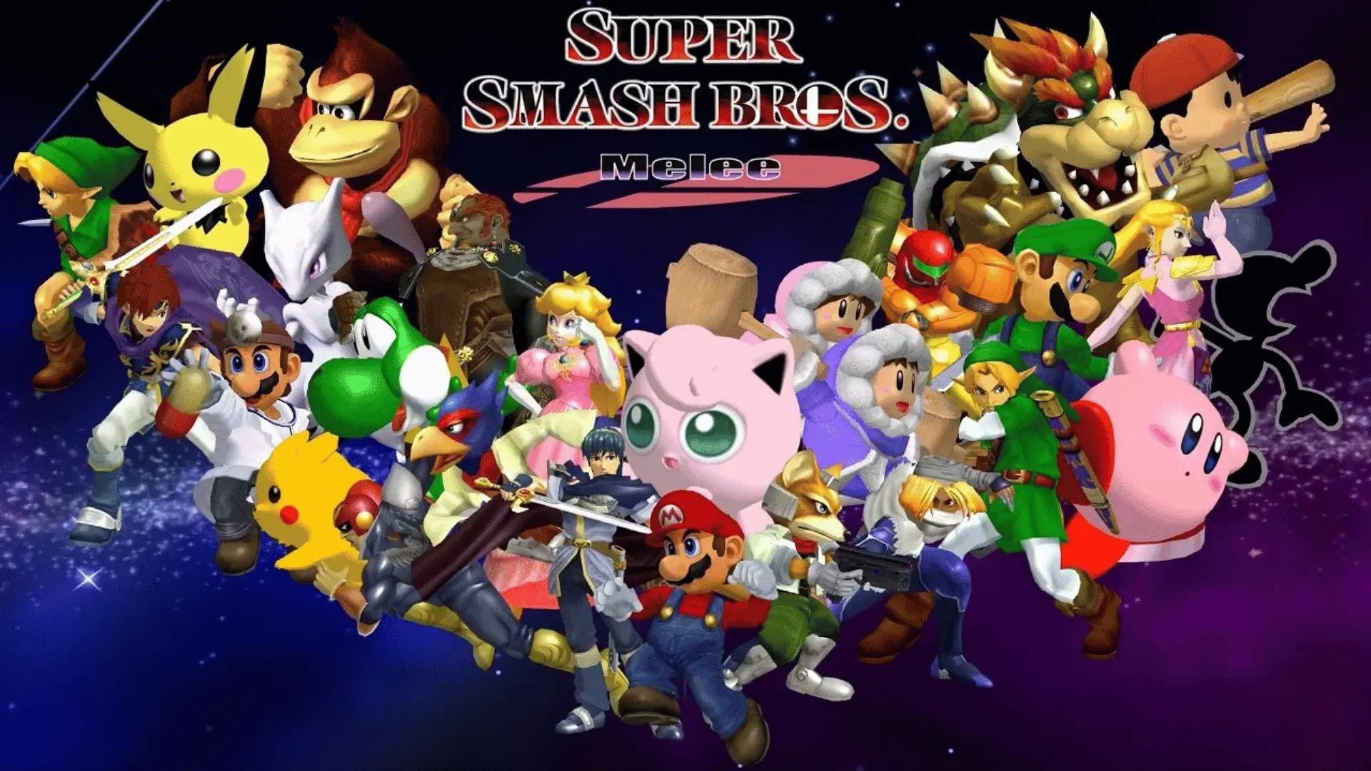 Super Smash Bros. Melee artwork featuring Nintendo and third-party characters gathered for battle against a space backdrop