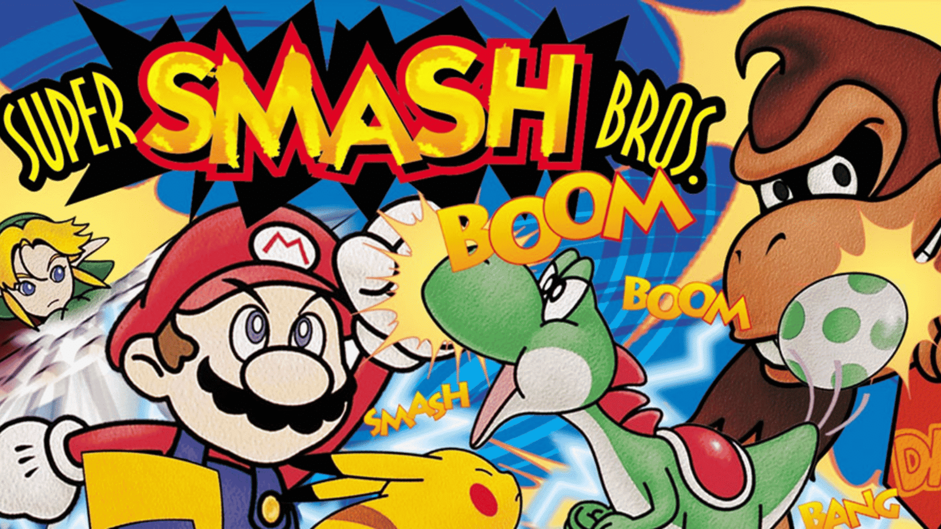 Super Smash Bros. Ultimate artwork featuring Mario, Yoshi, Donkey Kong and a large roster of Nintendo characters.