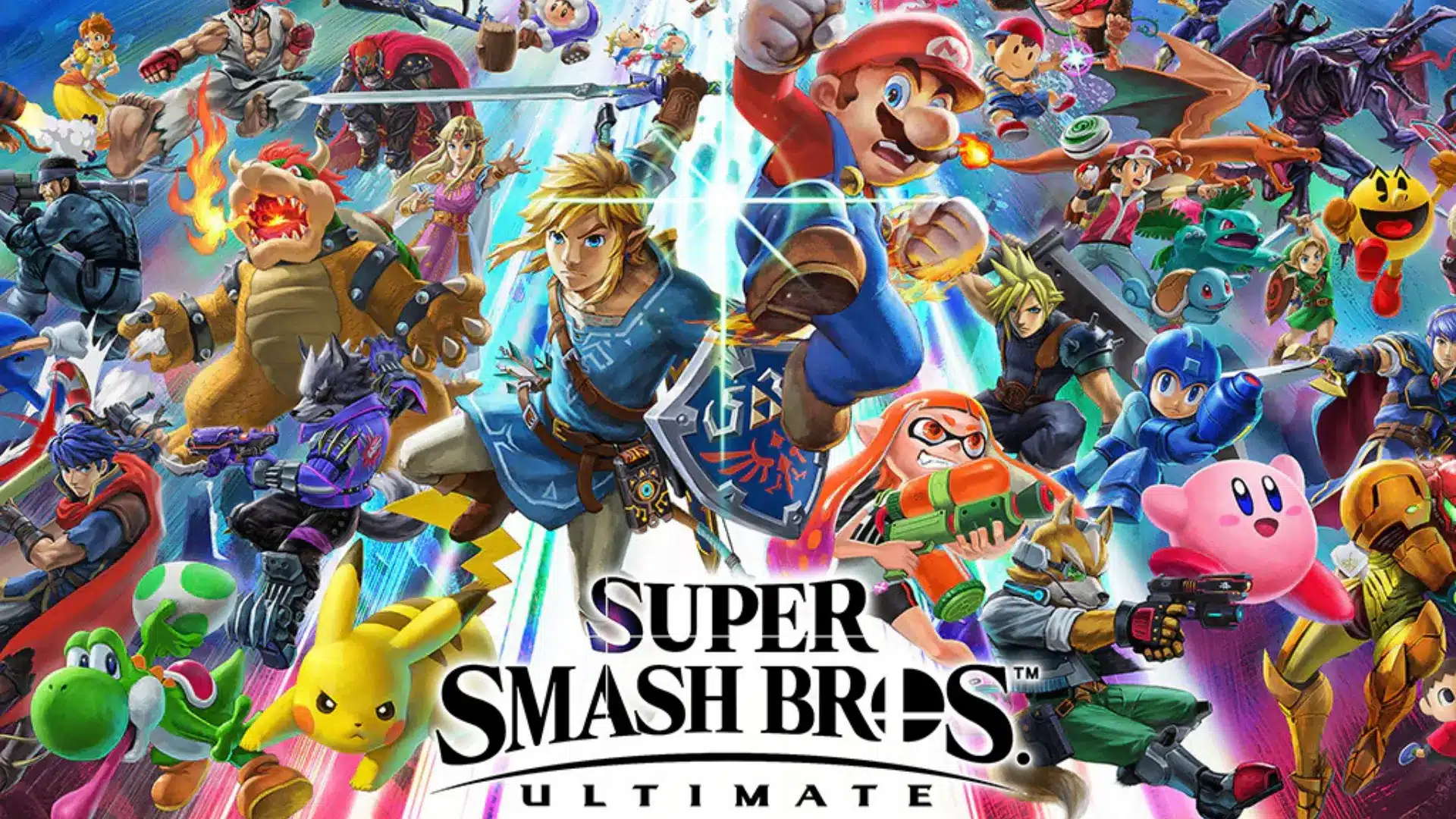 Super Smash Bros. Ultimate artwork featuring Mario, Link, Kirby, and other fighters battling in a crossover arena.