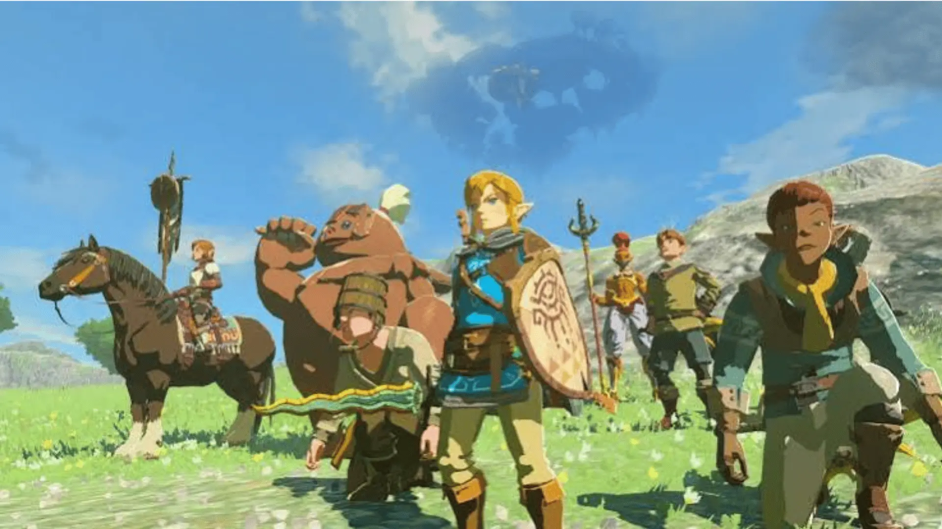 In-game scene from The Legend of Zelda: Tears of the Kingdom, showing Link standing with companions in a grassy field under a bright sky, with a large flying structure visible in the distance.