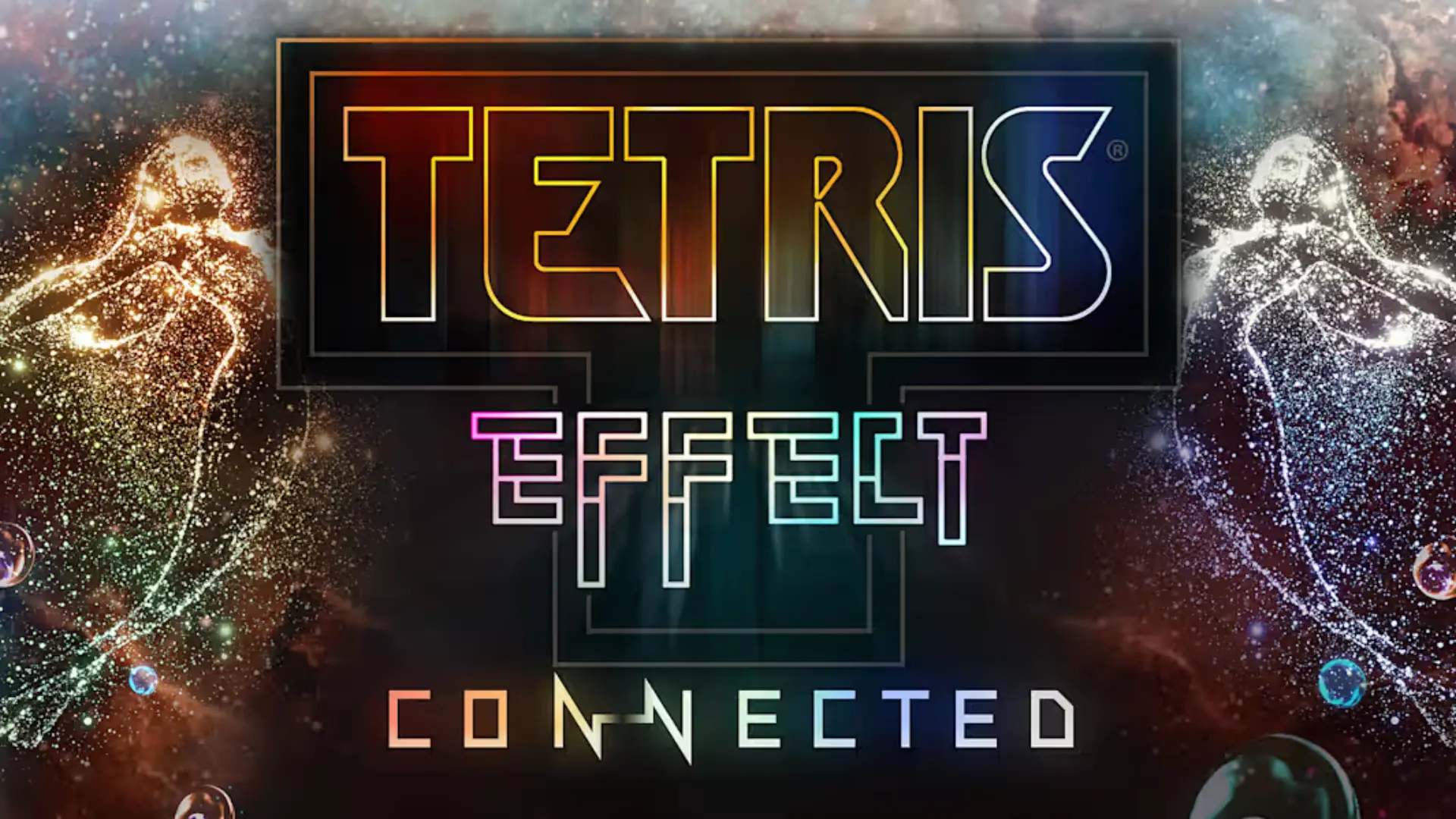 Tetris Effect Connected logo with glowing neon text over a colorful cosmic background