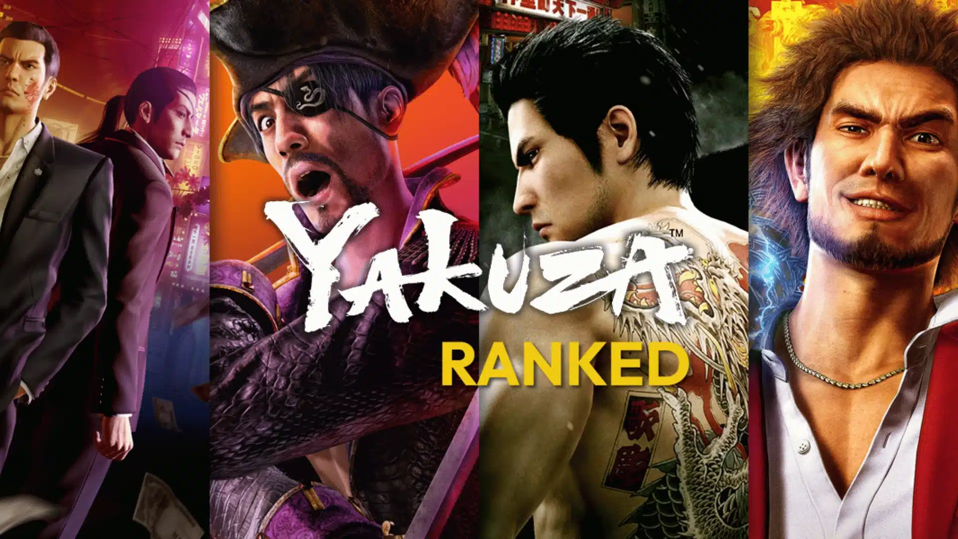Banner featuring multiple Yakuza series characters split across panels, with bold “Yakuza Ranked” title text centered.