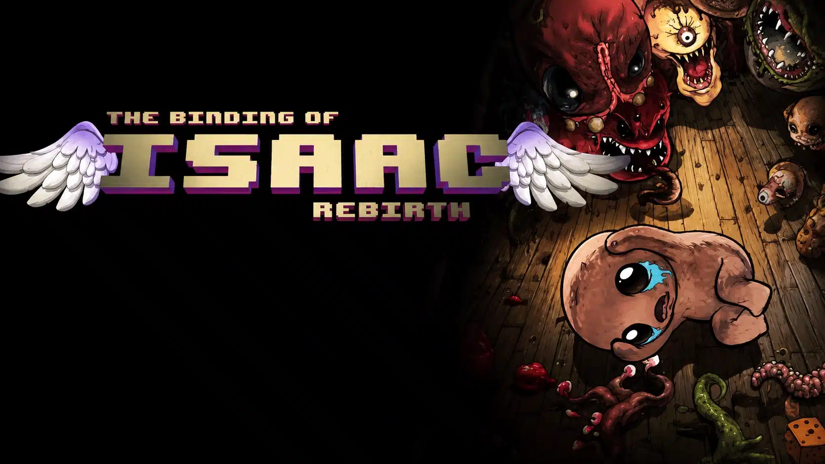 The Binding of Isaac: Rebirth logo with pixel-style text and white angel wings on a dark background