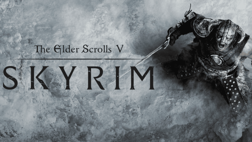 The Elder Scrolls V: Skyrim game logo with a horned, armored warrior shouting and wielding a sword against a snowy backdrop.