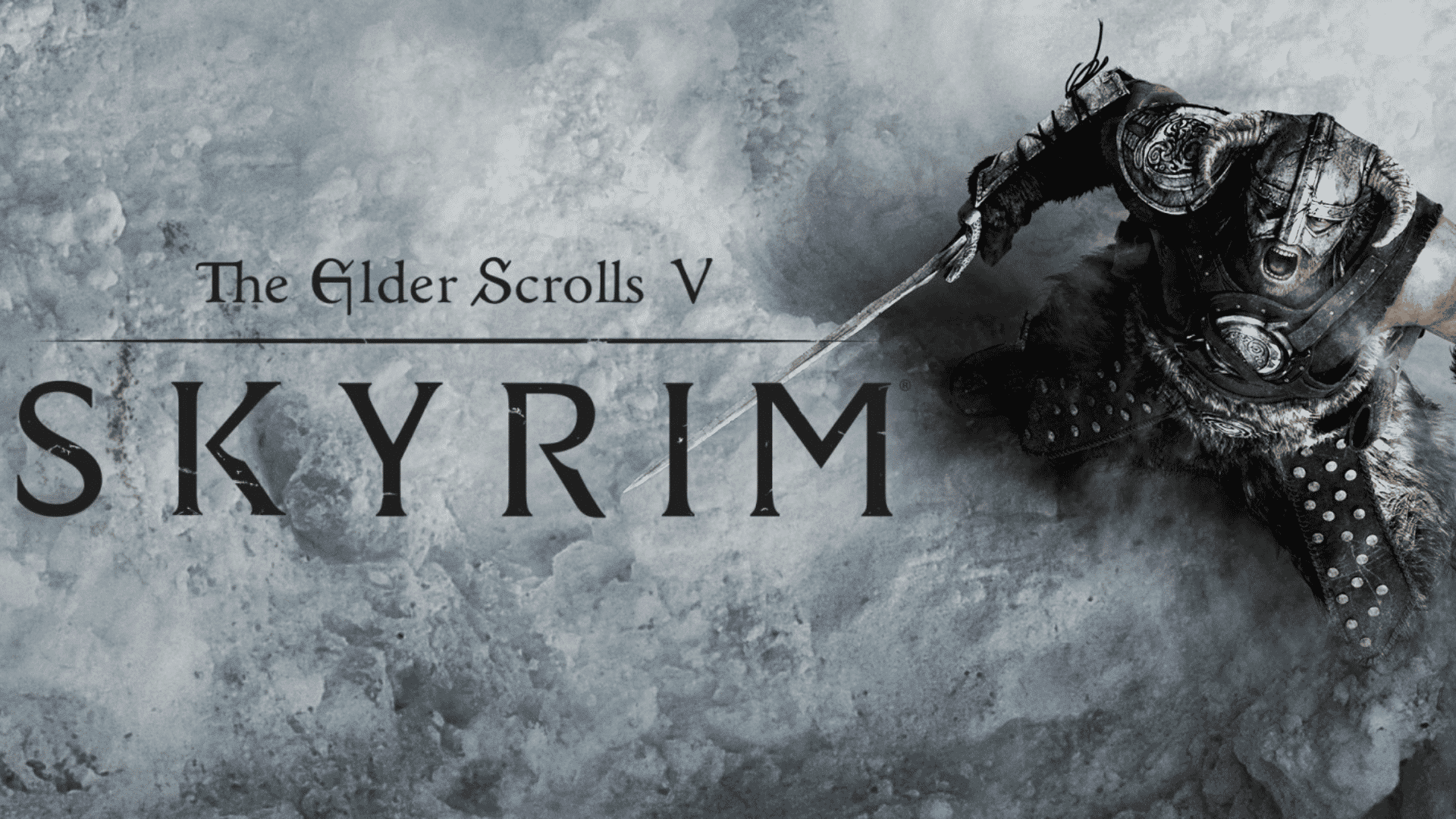 The Elder Scrolls V: Skyrim game logo with a horned, armored warrior shouting and wielding a sword against a snowy backdrop.