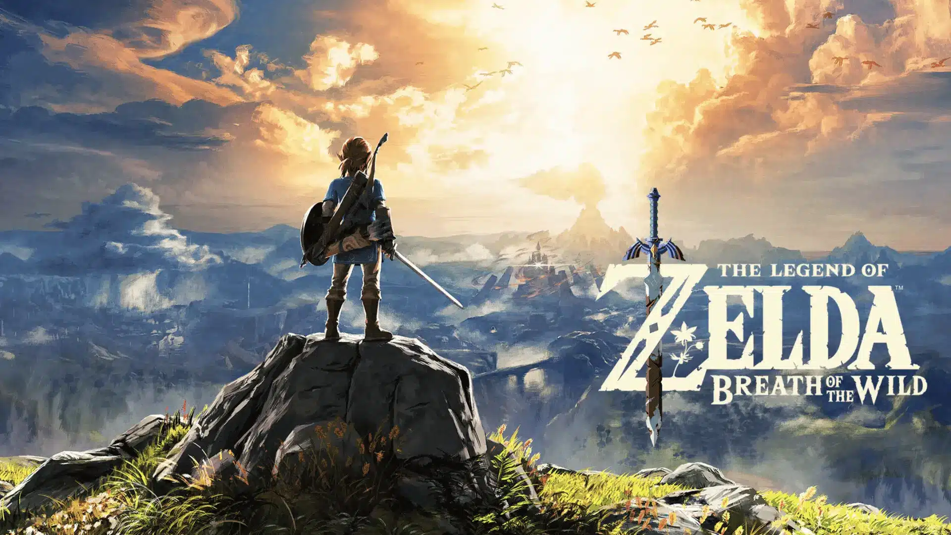 The Legend of Zelda: Breath of the Wild artwork featuring Link overlooking Hyrule from a cliff beneath a dramatic sunrise sky.