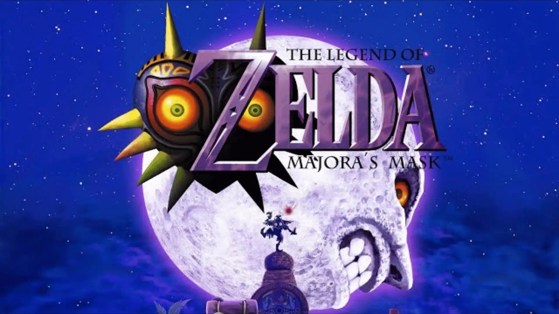 The Legend of Zelda: Majora’s Mask artwork featuring the moon, Majora’s Mask, and a dark fantasy sky.