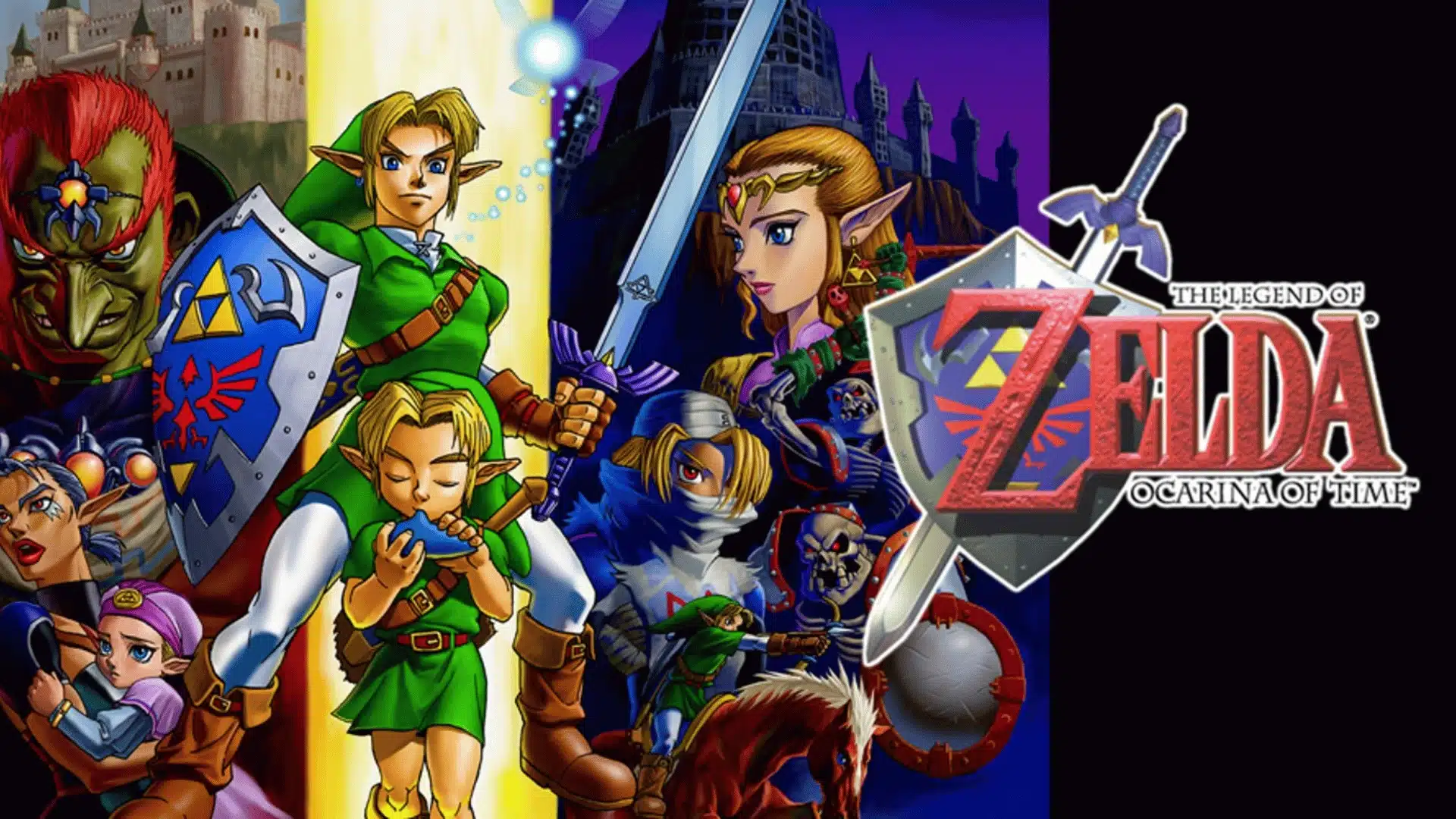 The Legend of Zelda: Ocarina of Time artwork featuring Link, Zelda, enemies, and fantasy characters.