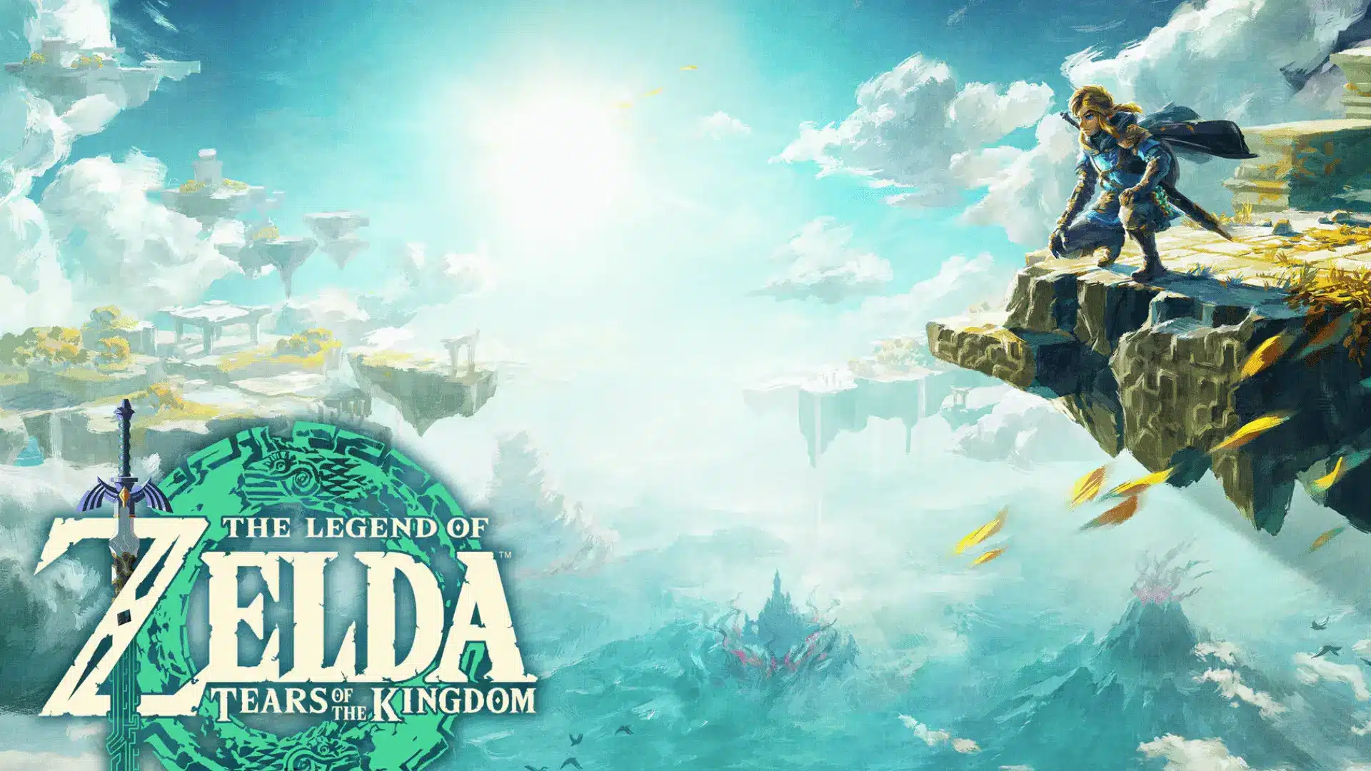 The Legend of Zelda: Tears of the Kingdom artwork showing Link on a floating island above a vast sky landscape.