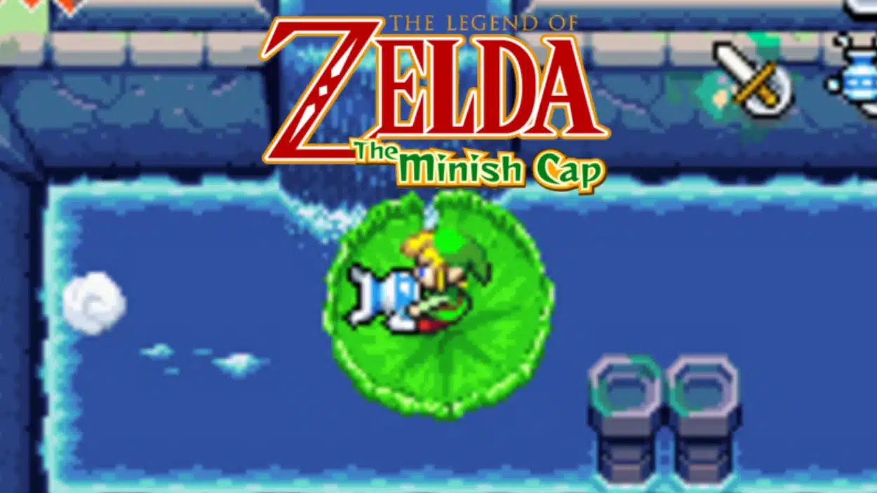 Link standing on a lily pad in a water-filled dungeon room, with The Legend of Zelda: The Minish Cap title logo above
