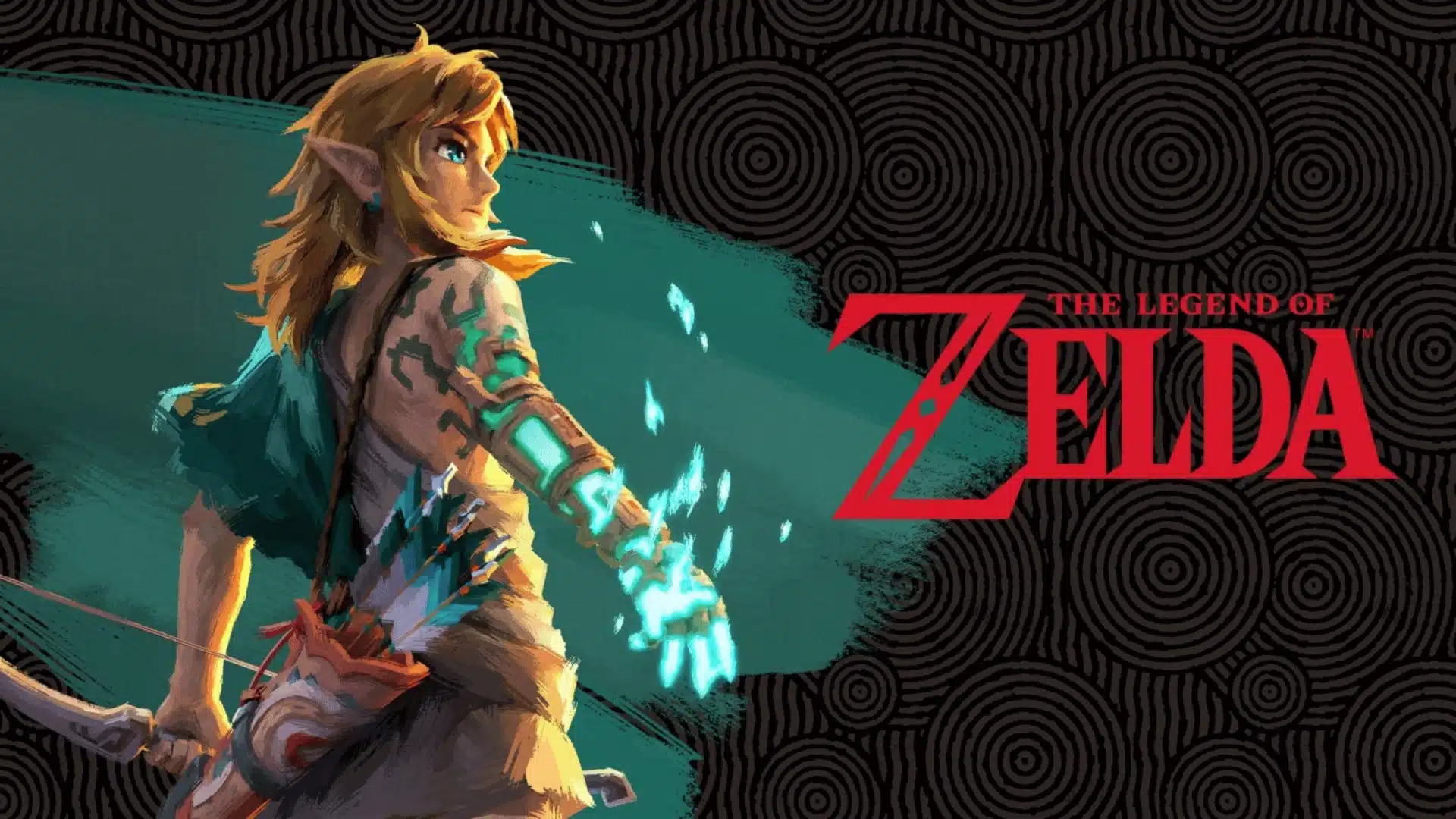 The Legend of Zelda artwork showing Link with a glowing blue arm beside the red game logo on a patterned black background.