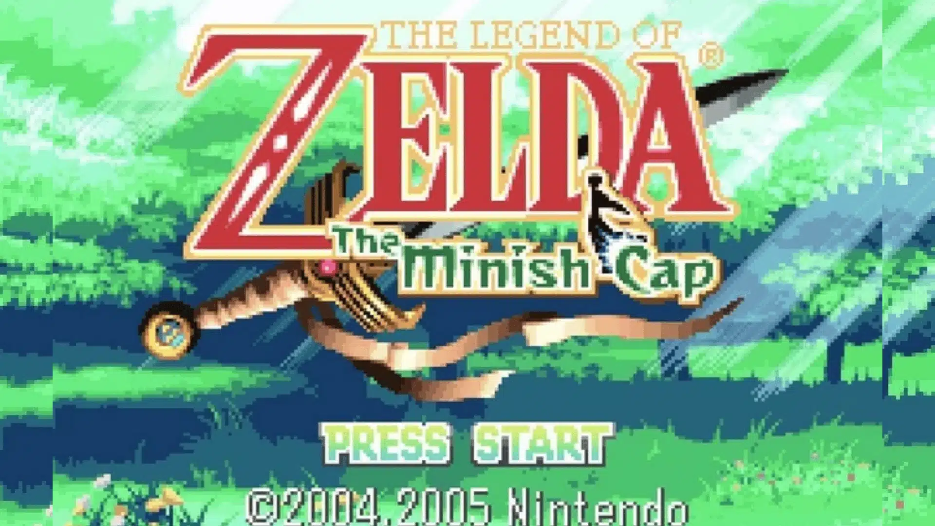 The Minish Cap title screen showing Link running through a bright forest with a sword.