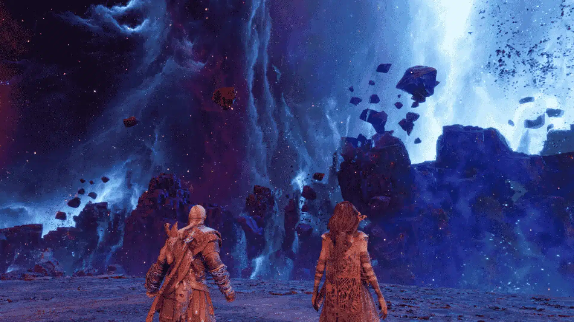 Kratos and a companion stand on alien terrain, gazing at a shattered, floating landscape that invites exploration.