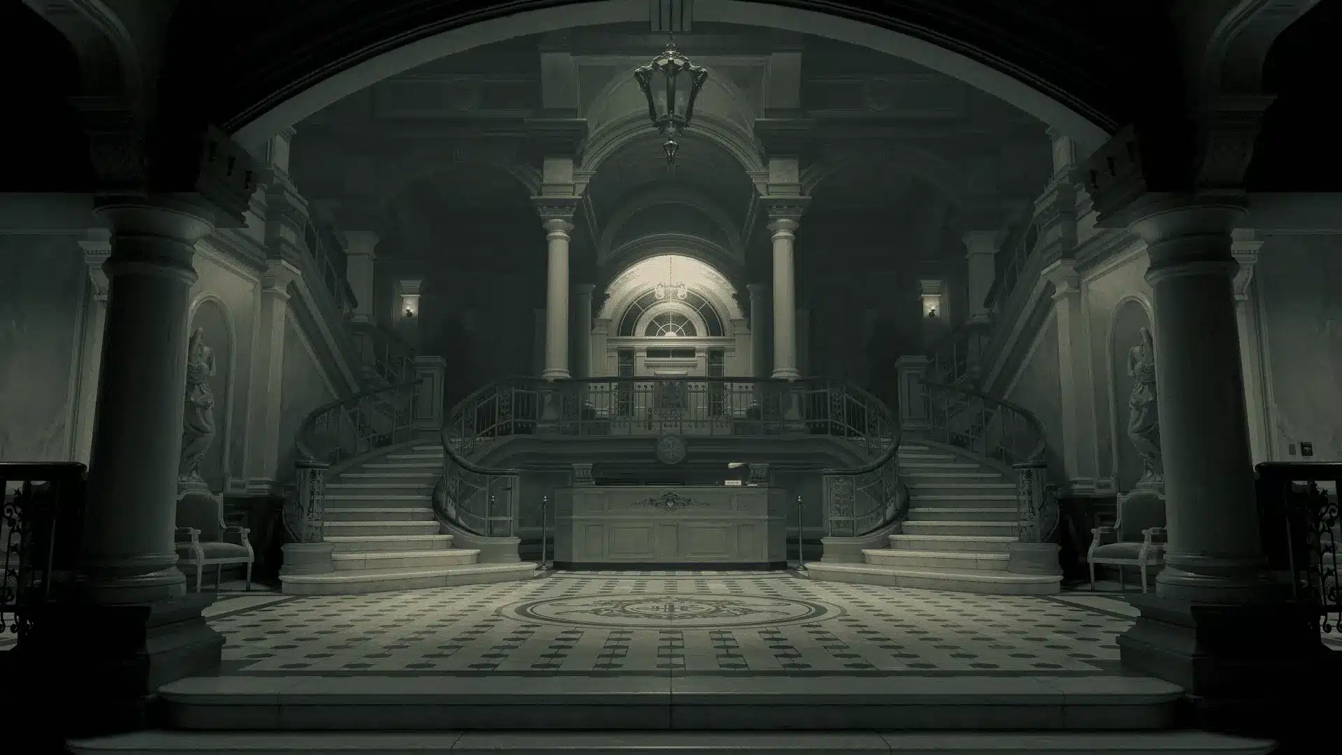 Grand mansion interior with sweeping staircase and ornate columns, evoking a classic, eerie atmosphere.