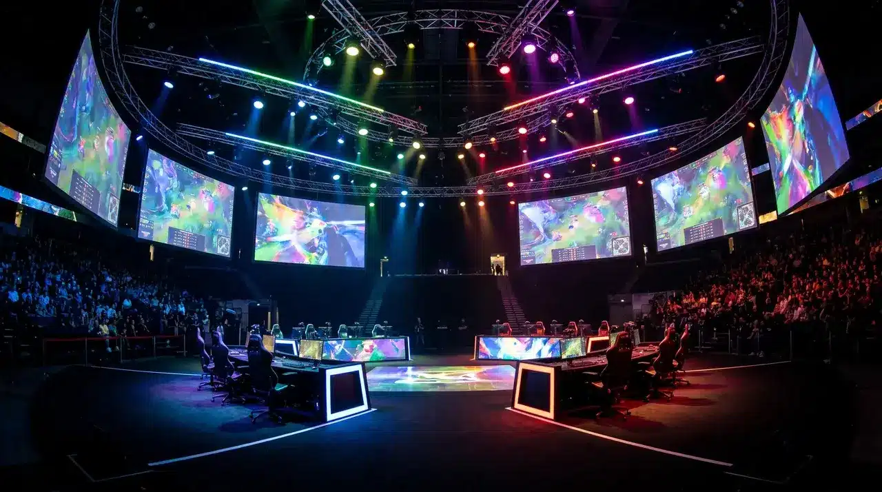 Large indoor esports arena with broadcast lighting, empty player stations, and audience seating visible in the background