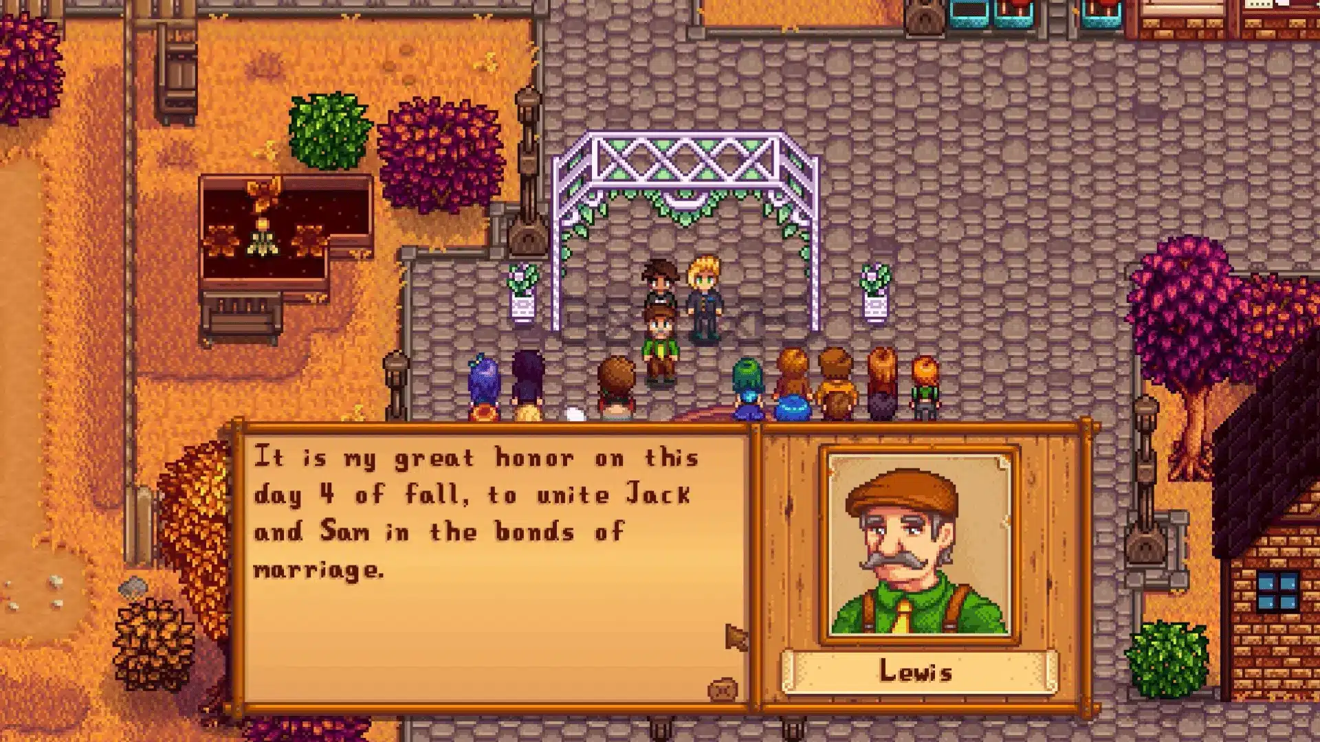 Stardew Valley outdoor wedding ceremony with Mayor Lewis officiating as Jack and Sam stand under arch with villagers watching