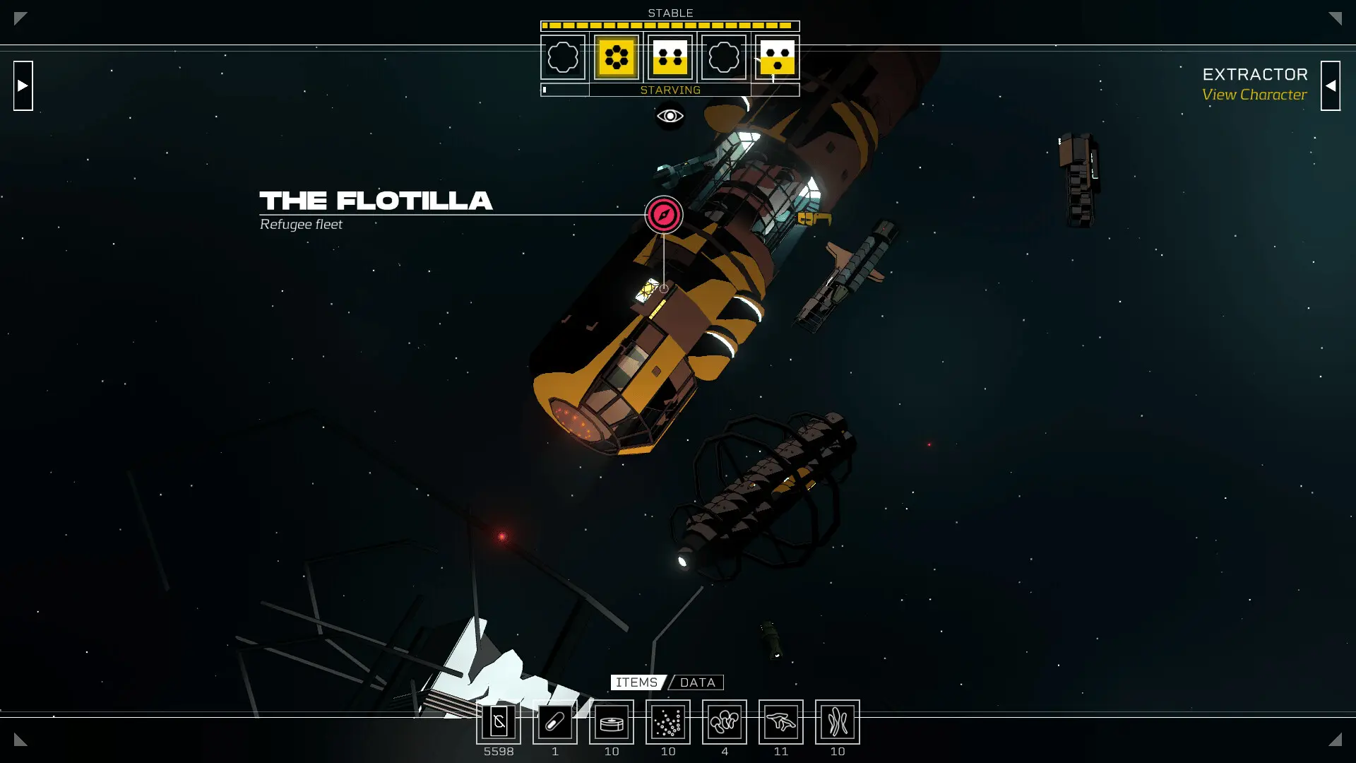 Citizen Sleeper 2 gameplay showing The Flotilla refugee fleet in space with dice-based UI and inventory bar at the bottom.