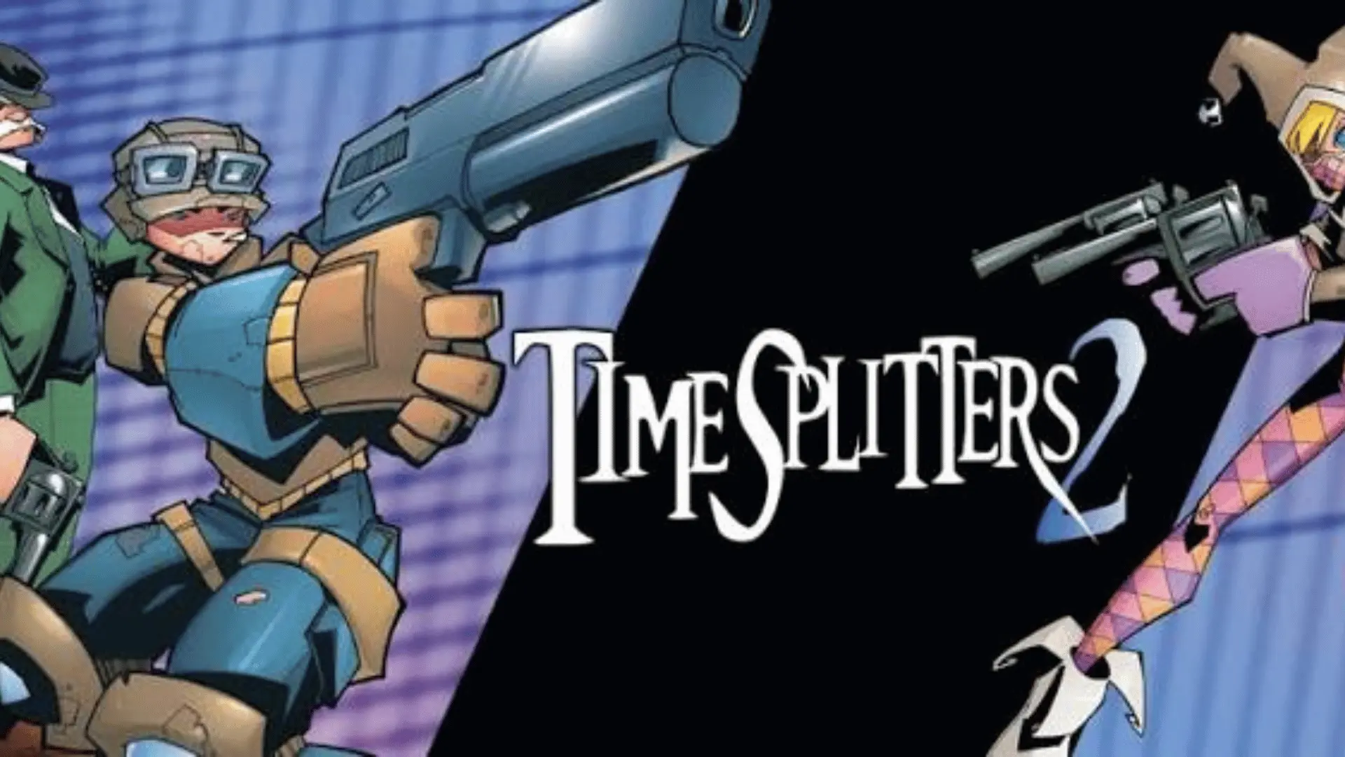 TimeSplitters 2 artwork featuring stylized characters aiming guns with the game logo in the center
