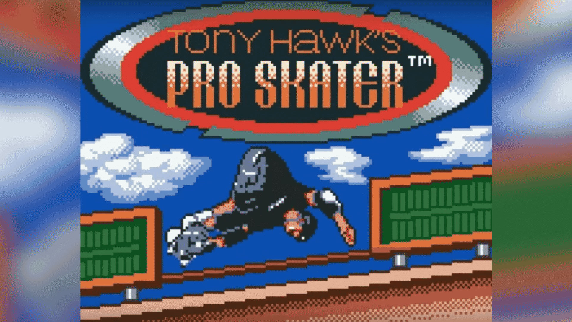 A skater launches off a ramp beside an industrial bridge and waterfall in Tony Hawk's Pro Skater 1+2 promotional art.