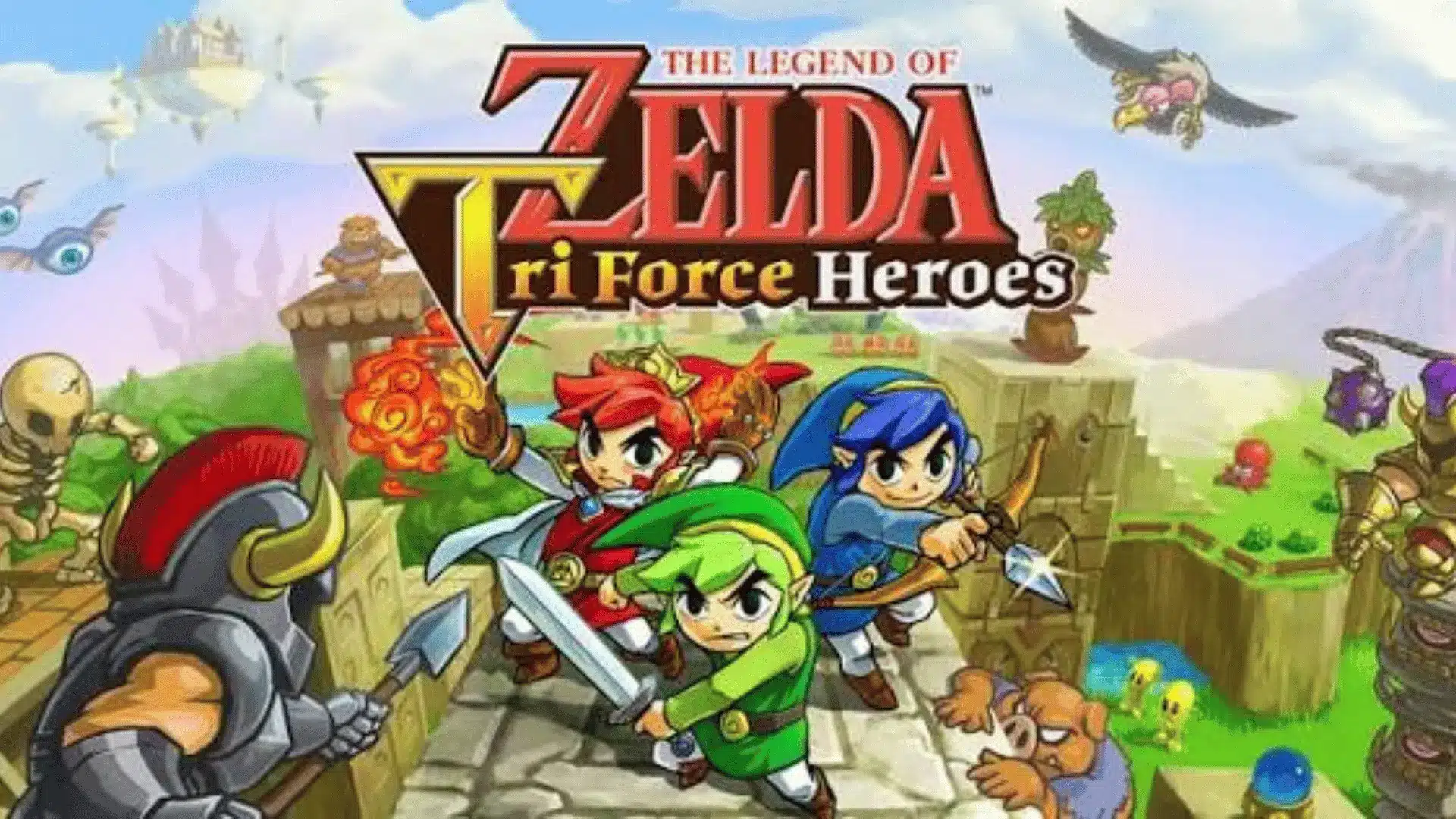 Promotional artwork for The Legend of Zelda: Tri Force Heroes, showing three versions of Link in different colored outfits working together in a stylized puzzle-based environment with enemies and obstacles around them.