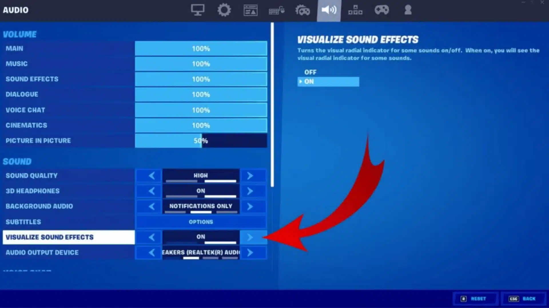 Fortnite audio settings menu showing Visualize Sound Effects enabled for better enemy awareness.