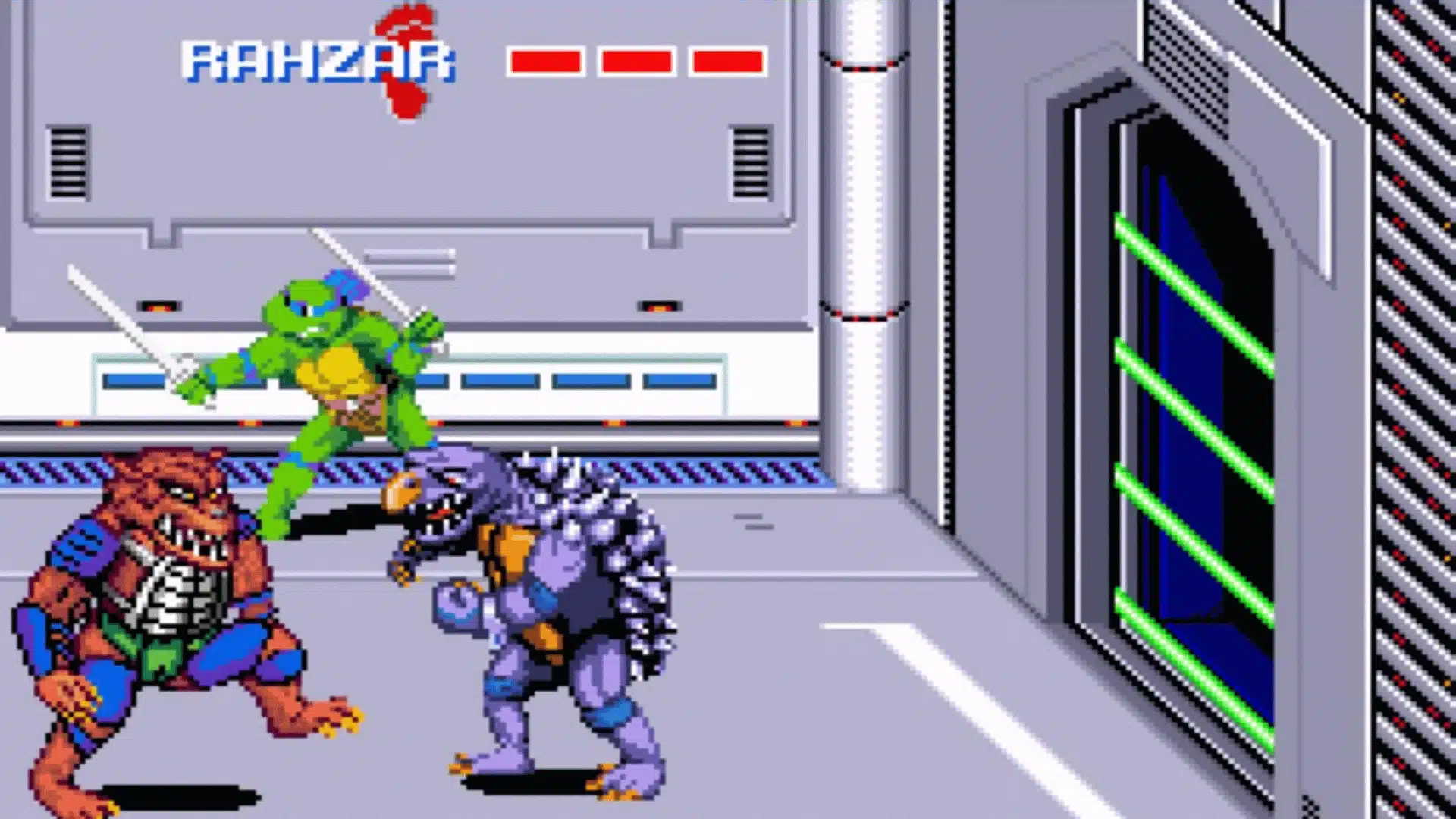 Turtles in Time SNES beat-em-up with Leonardo fighting Rahzar boss