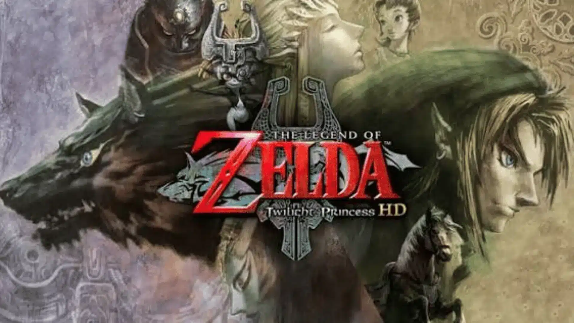 Promotional artwork for The Legend of Zelda: Twilight Princess HD, featuring Link and Midna with other key characters arranged around the game’s title in a dark, painterly style.