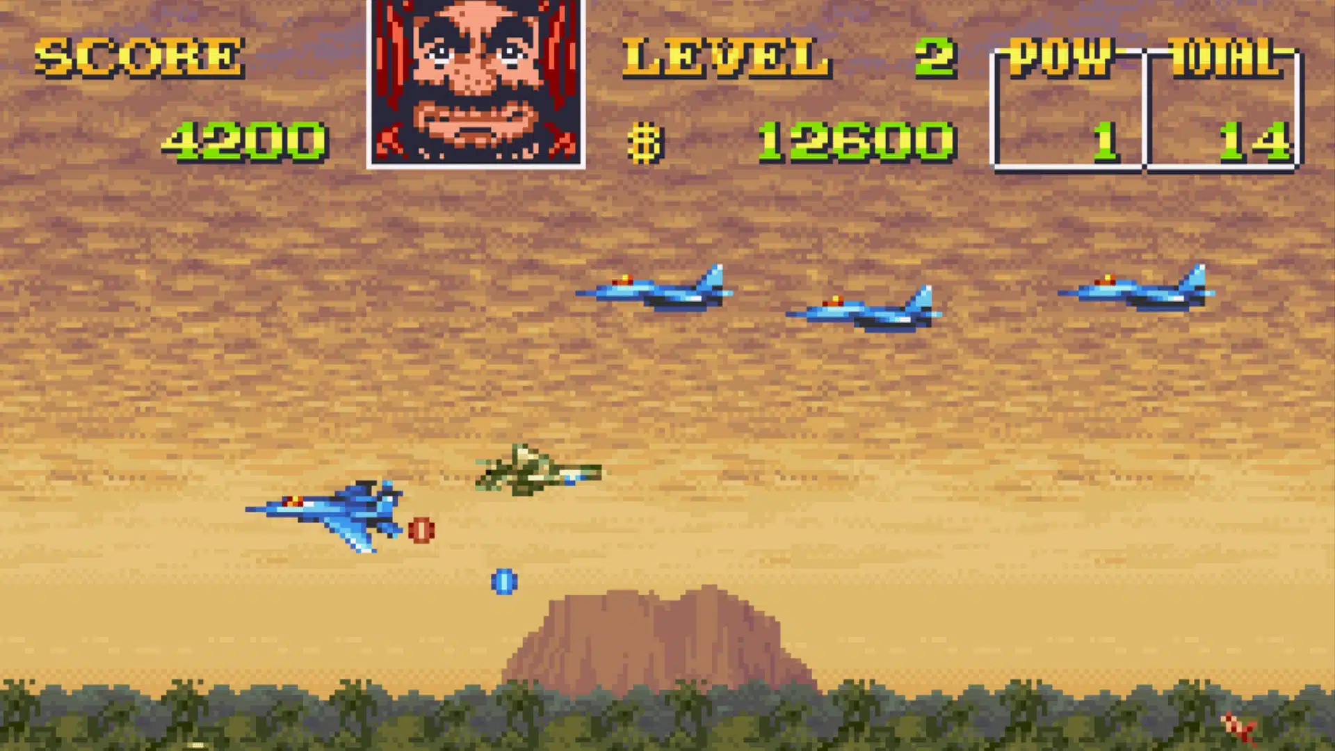 U.N. Squadron SNES aerial shooter gameplay with fighter jets over desert