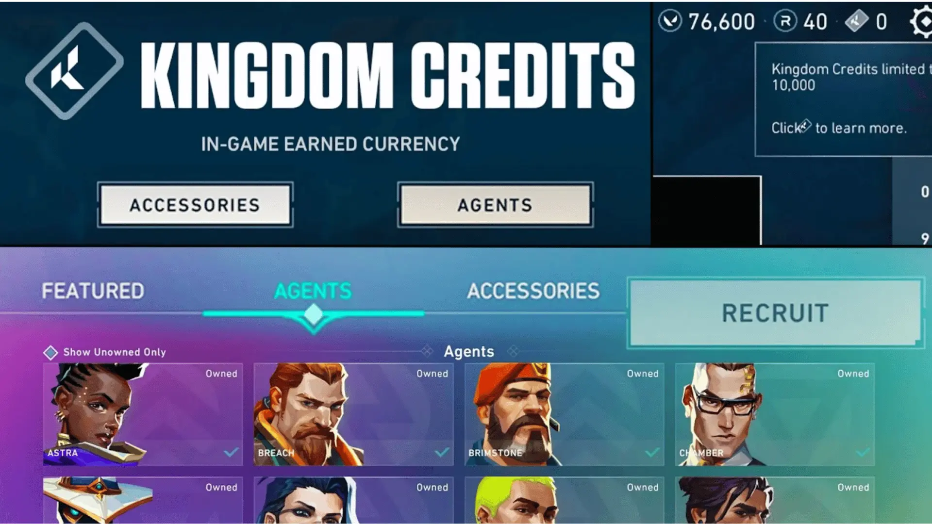 Valorant interface explaining "Kingdom Credits" in-game currency, showing the shop menu with various unlocked agents.