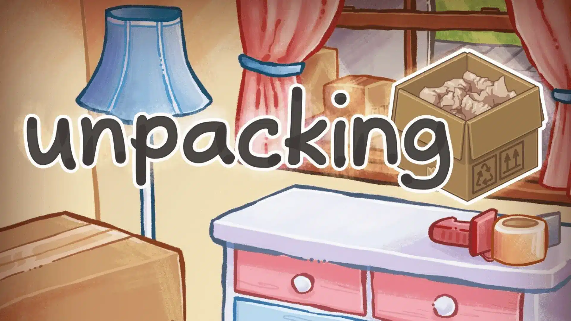 Unpacking game artwork showing a cozy room scene with moving boxes and household items being arranged.