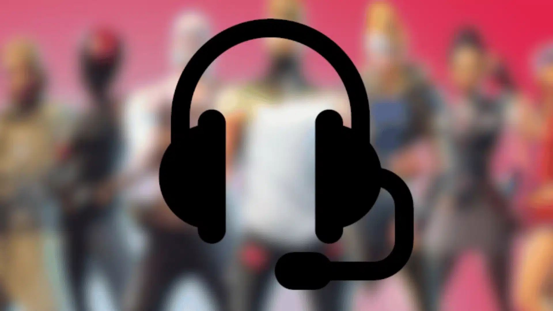 Fortnite audio settings concept showing headphones icon with blurred game characters in the background.